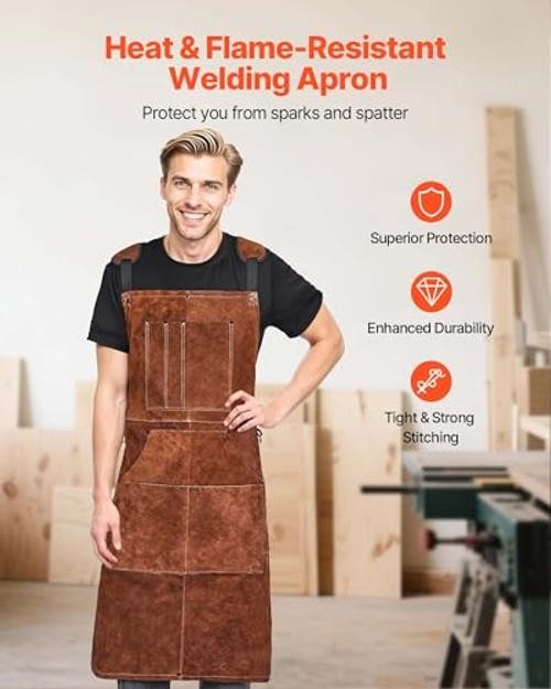 Leather Welding Work Apron, Heavy Duty Cowhide Flame Resistant Welding Apron,