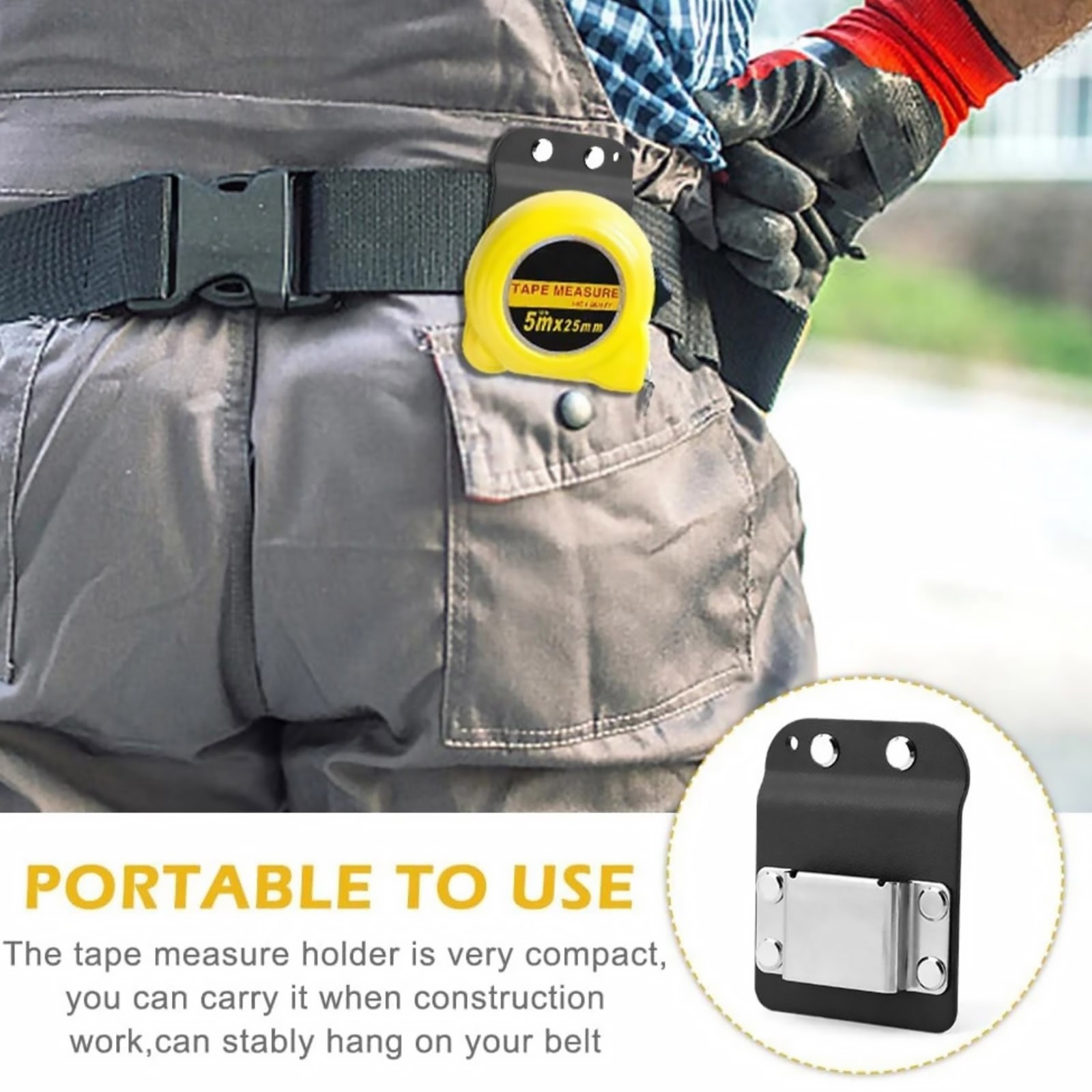 Tape Measure Holster For Belt Clip On Black Metal Nylon Tool Holder Low Profile