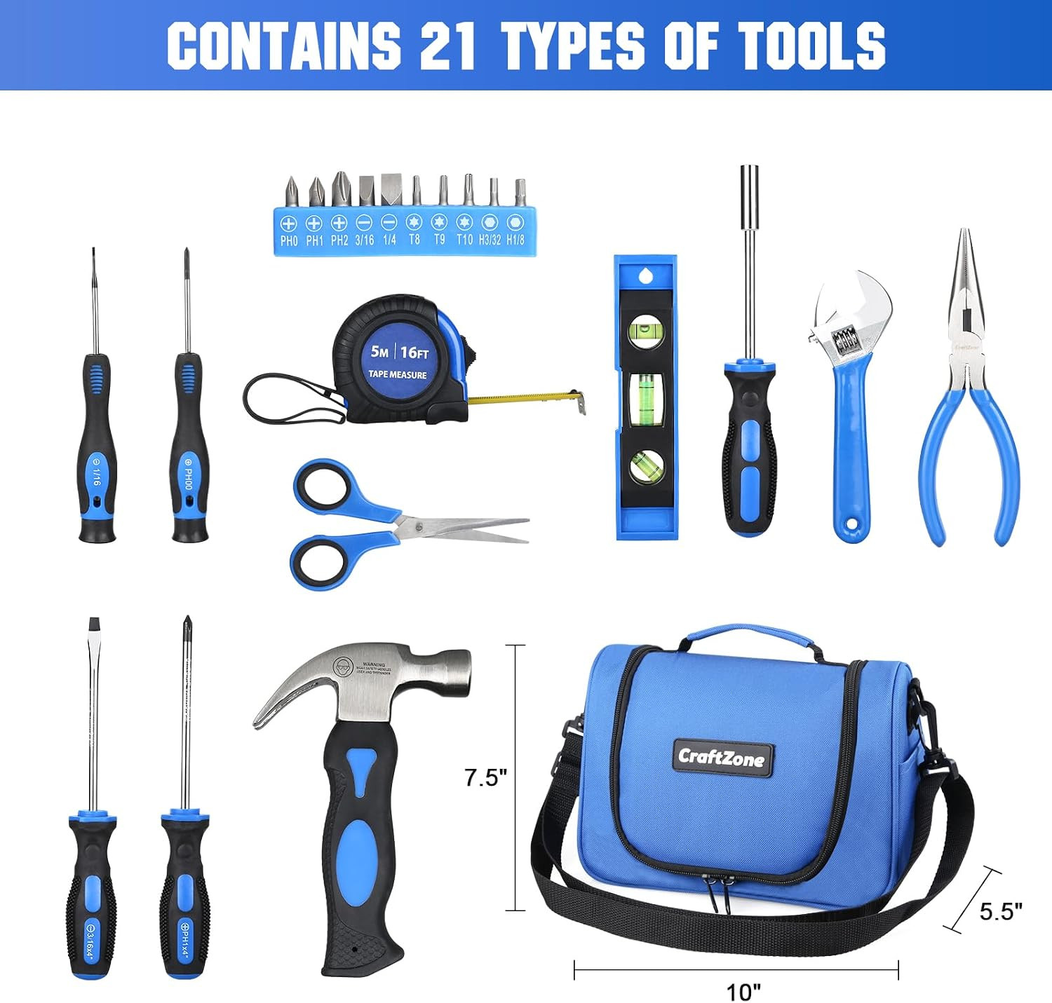 Blue 21-Piece Basic Household Hand Tool Kit with Shoulder Strap Bag for Home