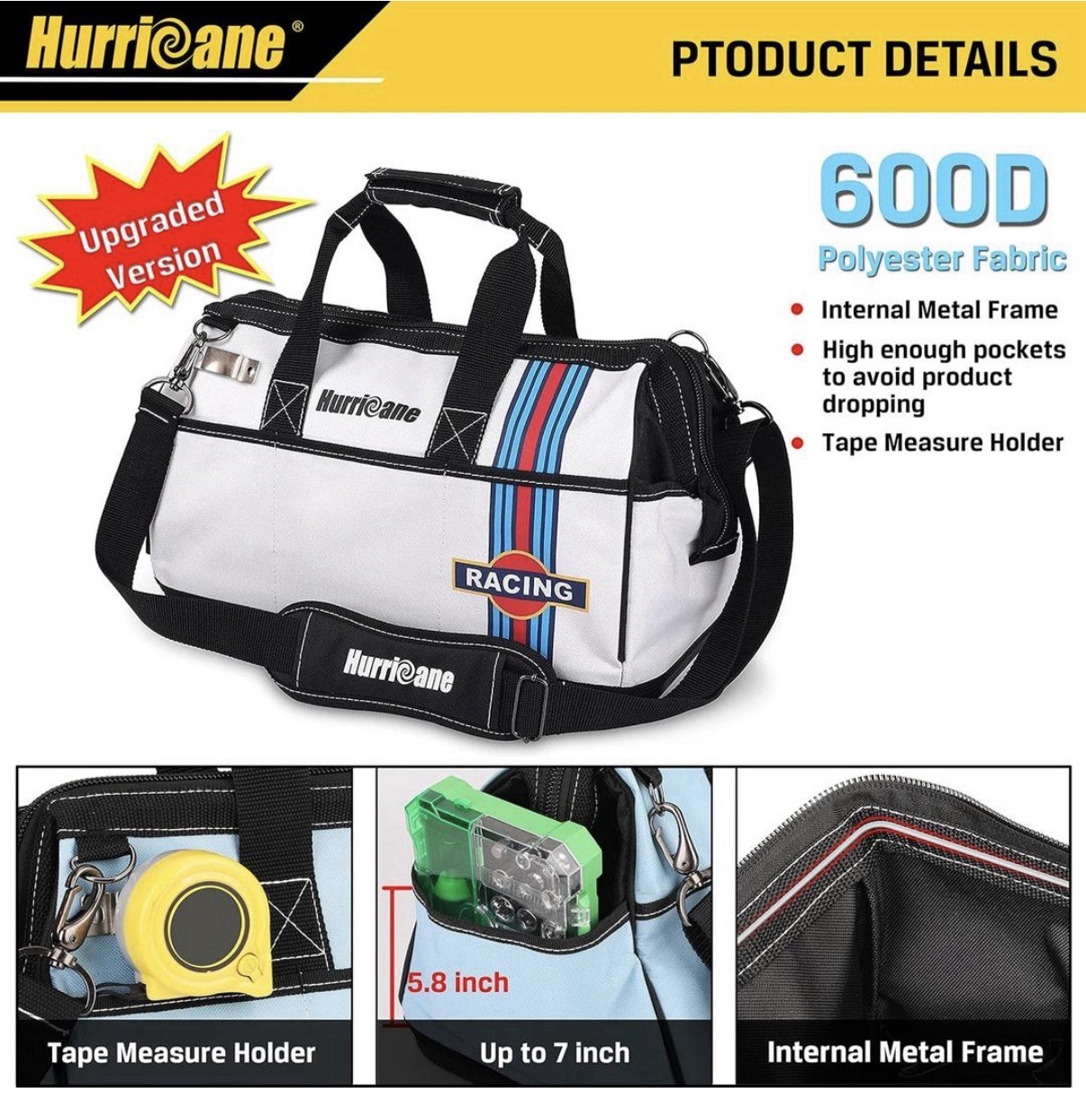 Hurricane 16in Open Mouth Tool Bag Polyester w/Handle Shoulder Strap Metal Frame