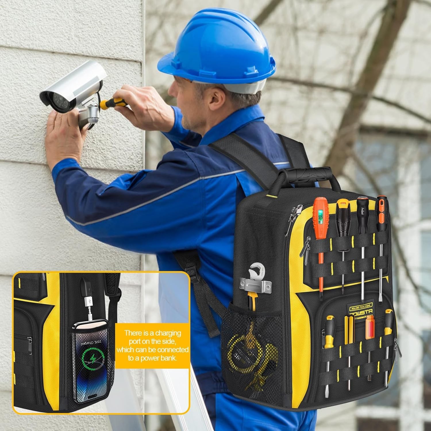 18 in Heavy-duty Tool Backpack with USB Port,Waterproof Electrician Tool Bag Bac