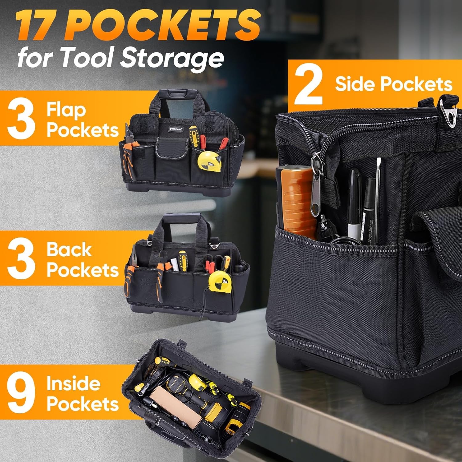 Heavy Duty Tool Bag with Multi-Pockets, Portable Tool Box Organizer Storage Bag,
