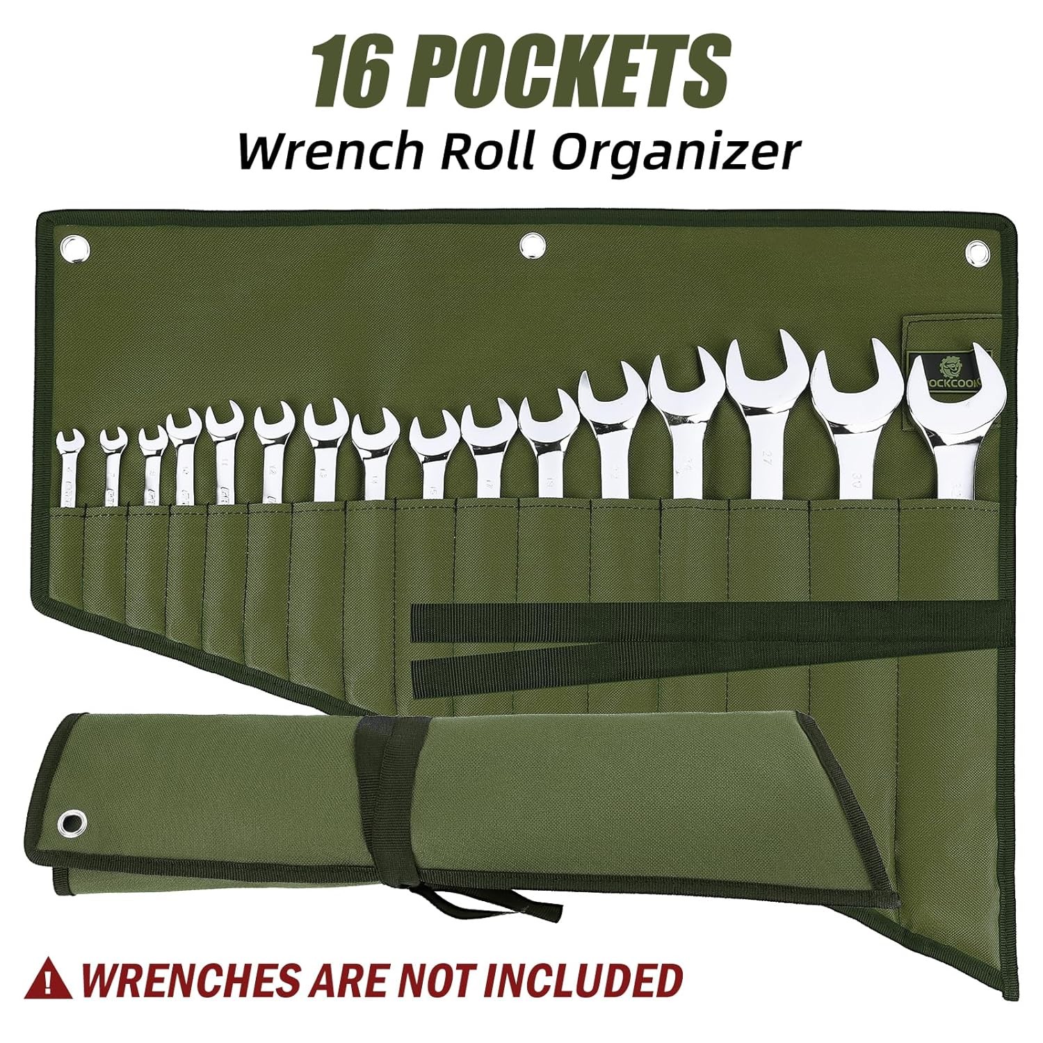 Waterproof Green Wrench Roll Organizer 16 Pockets Oxford Cloth Tool Storage