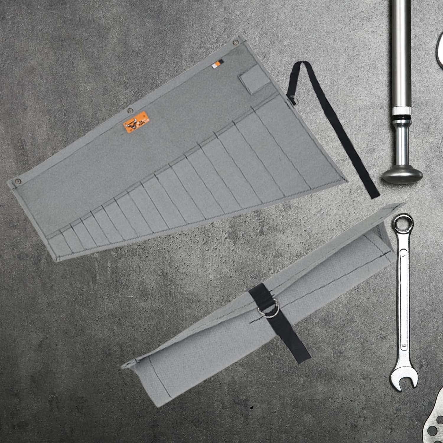 Wrench Roll, 16 Pocket Roll Up Organizer, Grey Heavy Duty Canvas Pouch