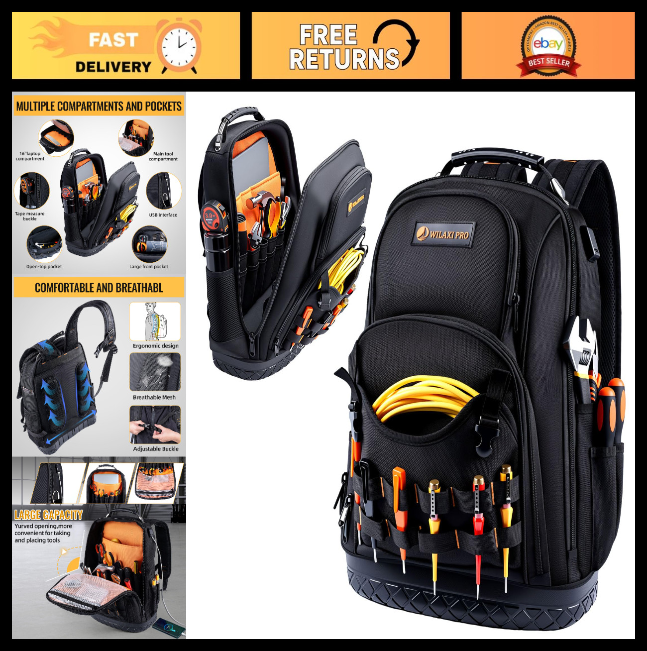 Heavy Duty Tool Backpack, Waterproof Oxford Fabric, 19″ Large Capacity, 44 Pocke
