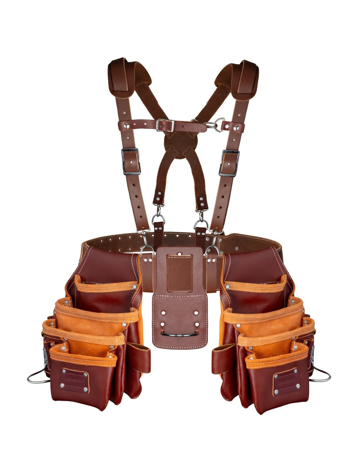 Savaro Leather Tool Belt with Suspenders, Genuine Leather, 23 Pockets, Fits W…
