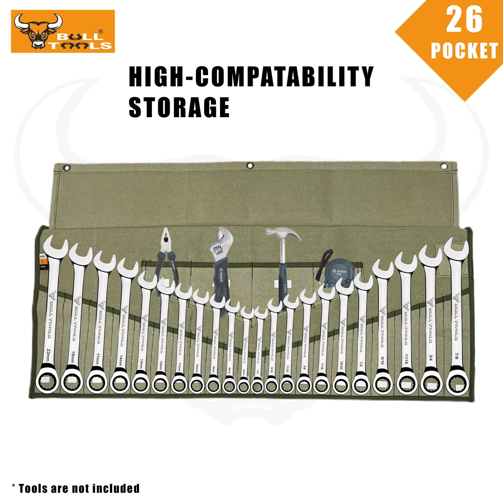 BULL TOOLS Wrench Roll, 26 Pocket Tool 26 Pocket, Sand Washed Olive Drab