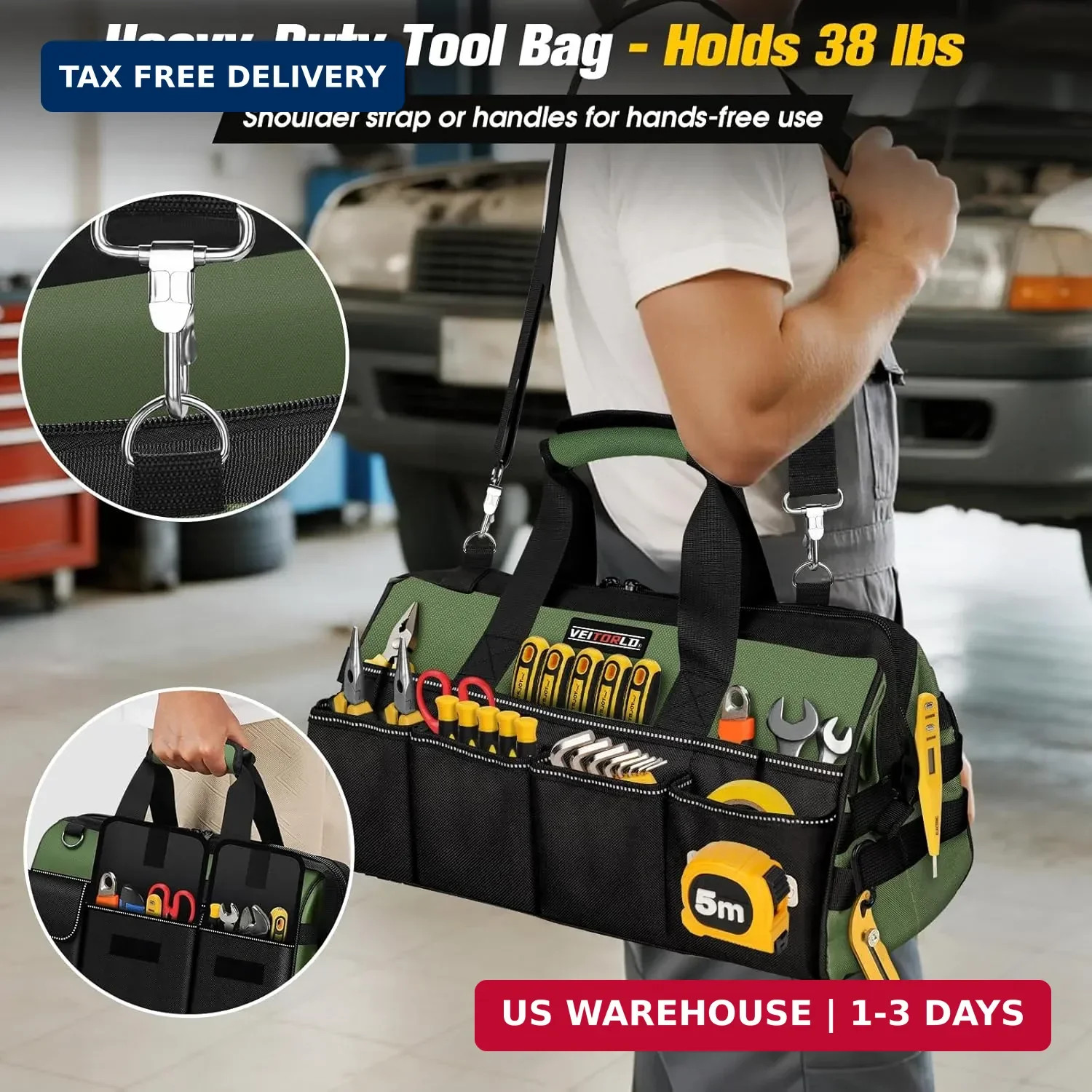 18-Inch Heavy Duty Tool Bag, 19-Pockets Tool Box Organizer, Portable Toolbag W/S