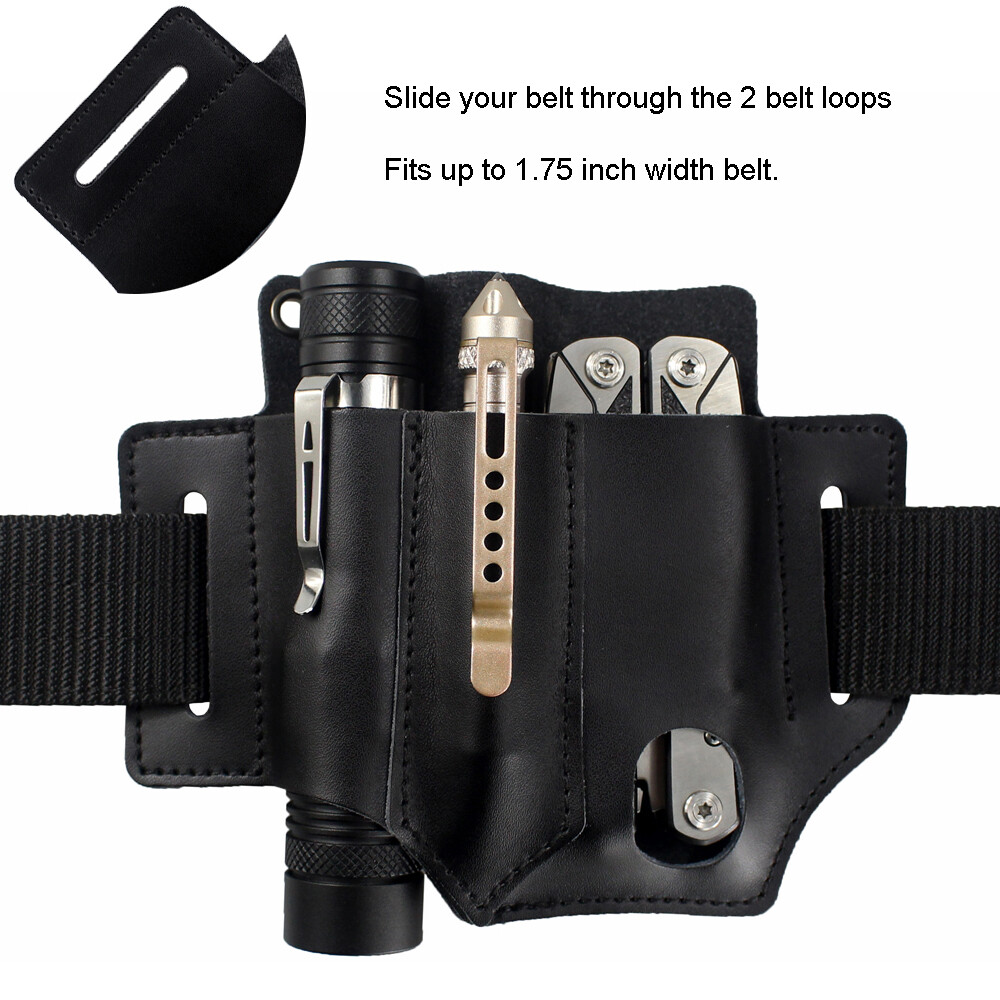 Tactical Tools Sheath Pouch 3 Pockets Leather Belt EDC Pocket Pen Knife Holder