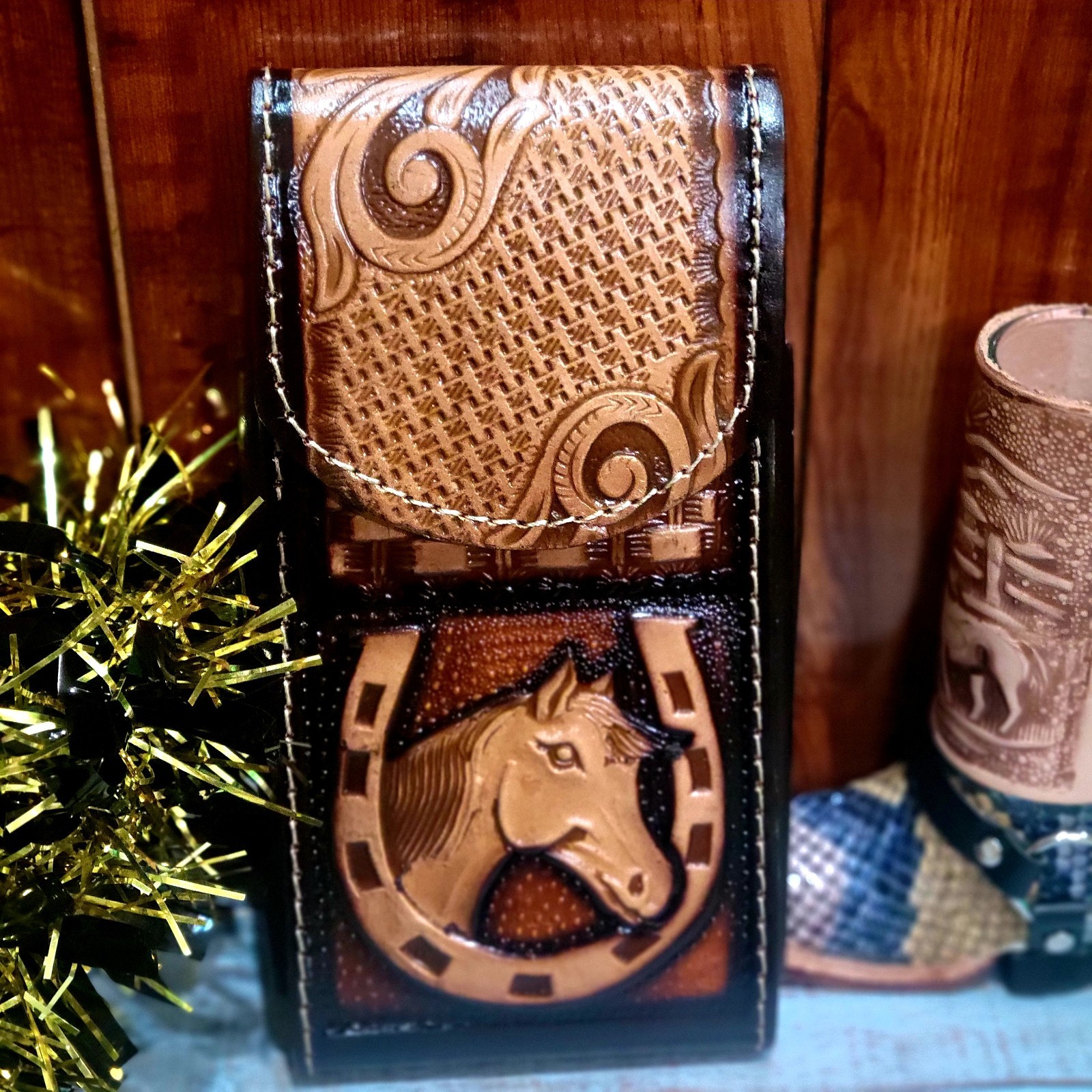 Horse Western Leather Phone Holstor LARGE 7×3.75 ” Handcrafted in Mexico
