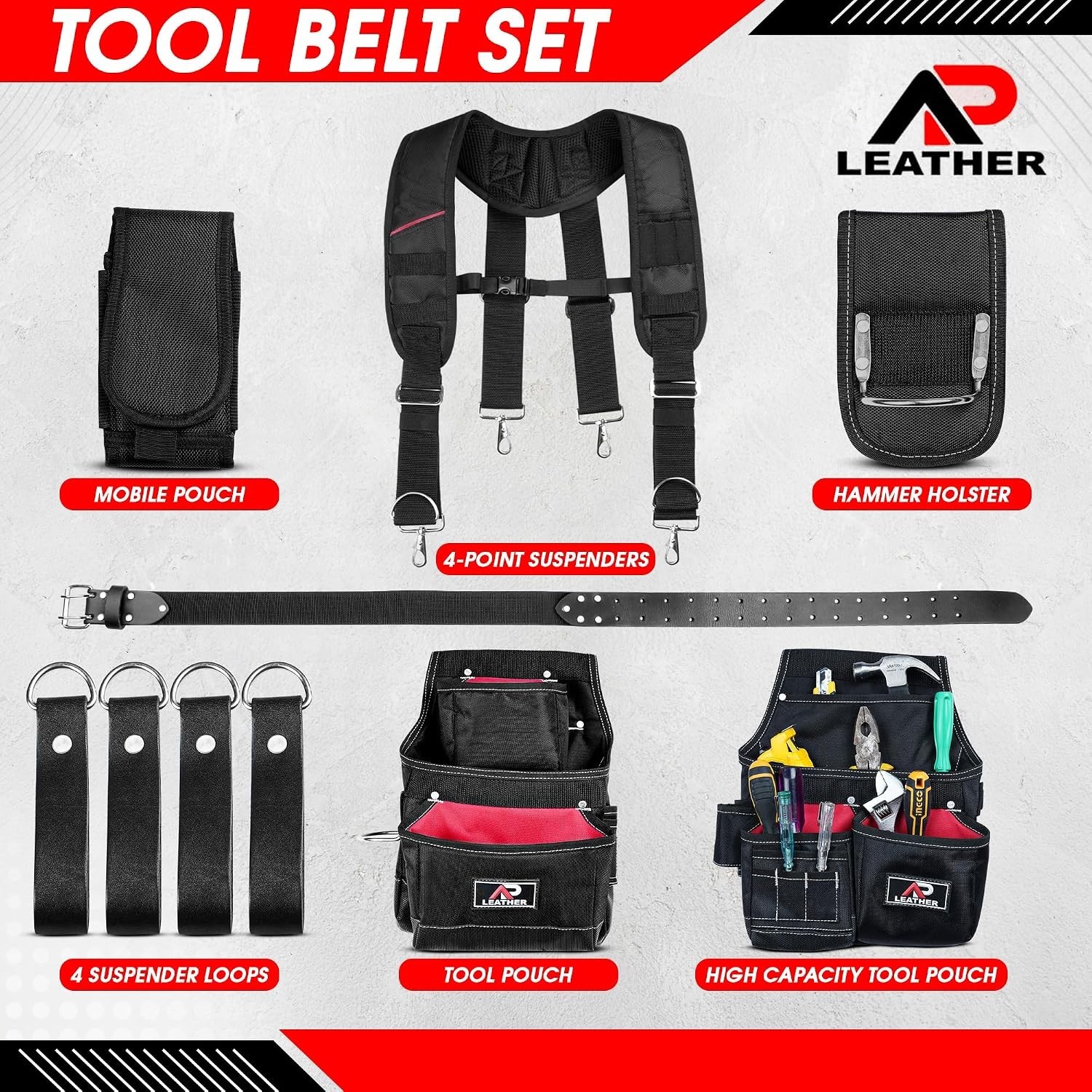 Tool Belt, 22 Pockets Tool Pouch with Suspenders for Men, Heavy Duty Adjustable