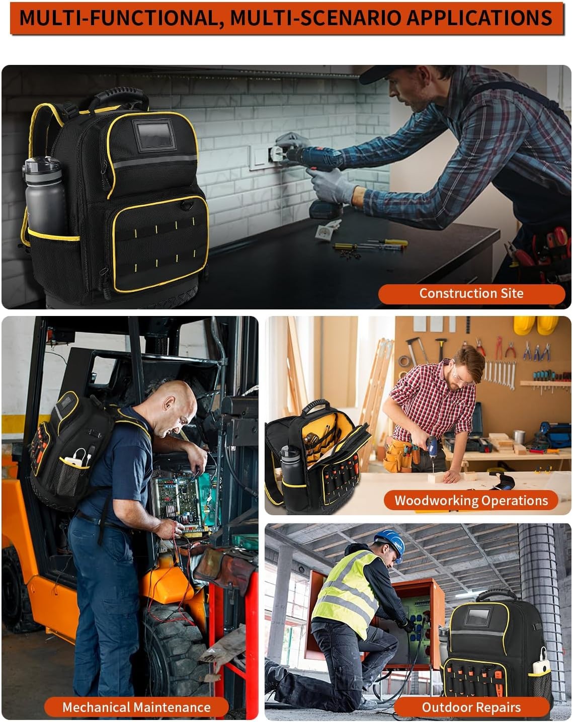 Tyxauk Heavy Duty Tool Backpack w/ Laptop Compartment, Hard Bottom & Tool Pouch
