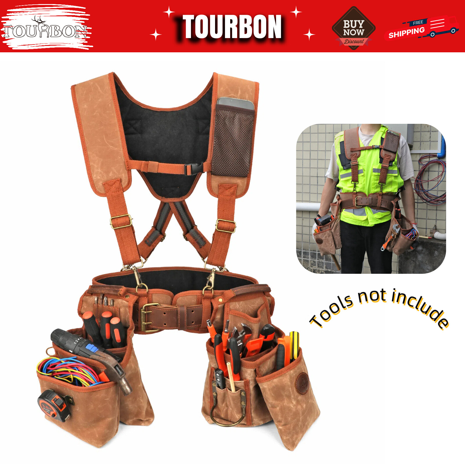 TOURBON Electrician Suspenders Carpenter Canvas Framer Tool Carry Rig Belt Bag
