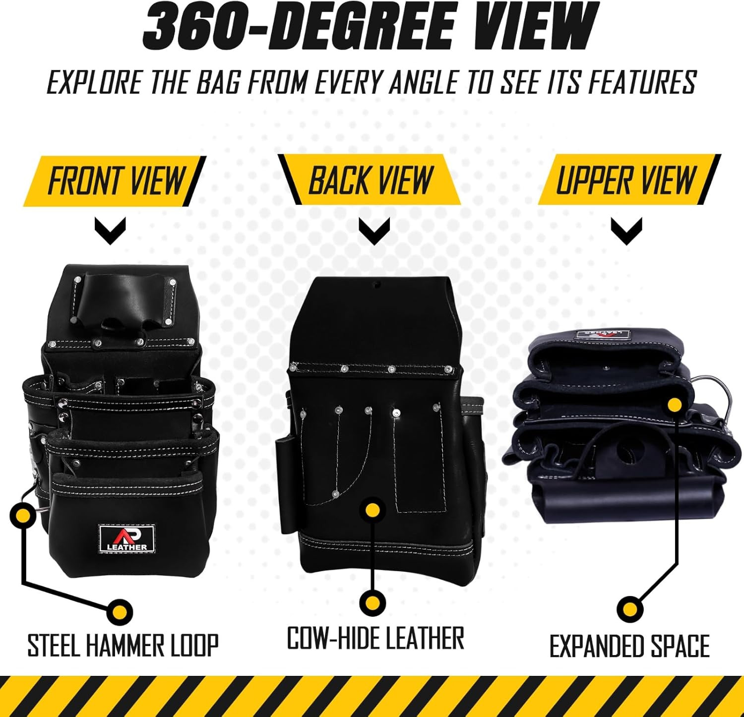 Durable Leather Tool Pouch with 3 Large Pockets & 12 Organizers
