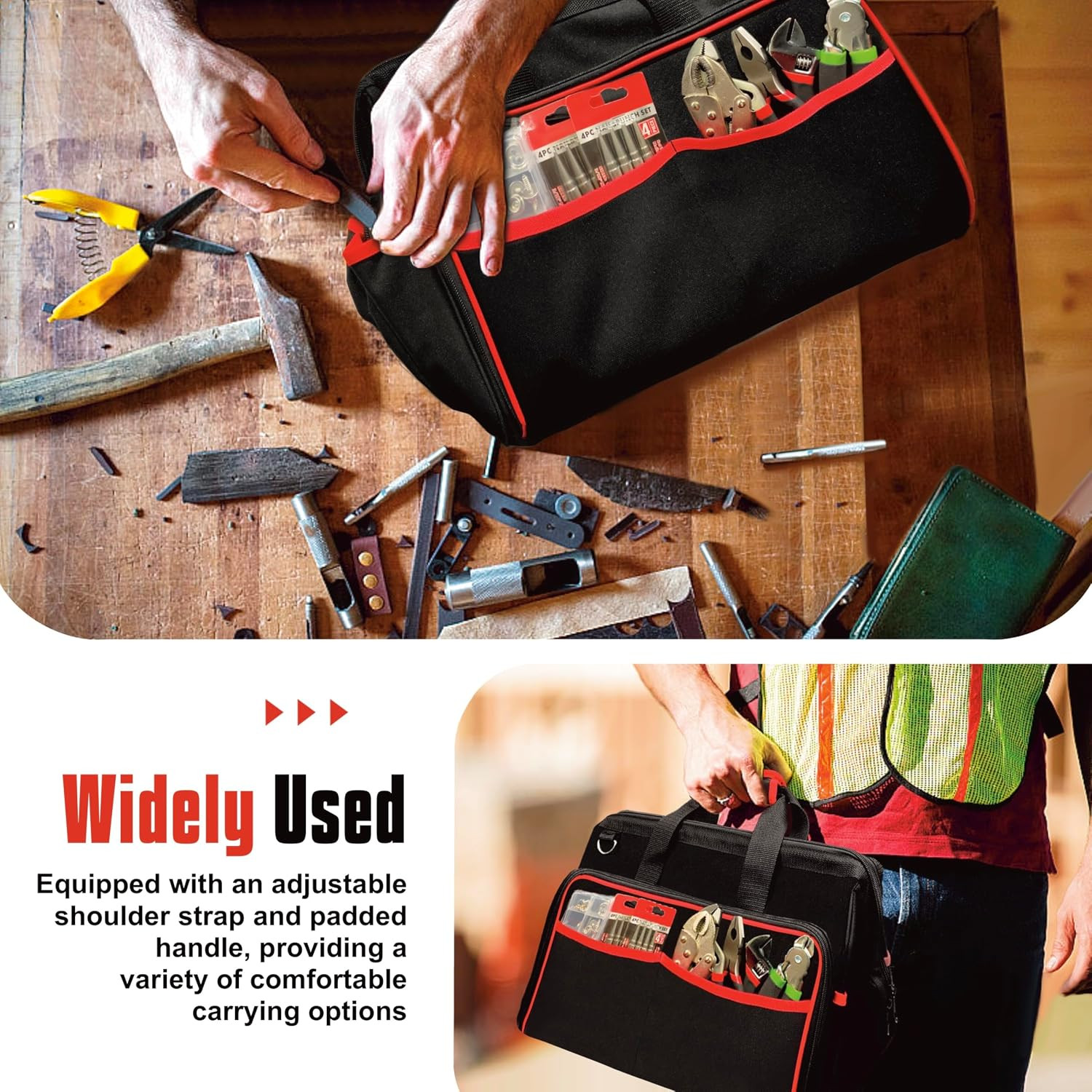 Heavy Duty Tool Bag, 17.3-Inch 30-Pocket Large Portable Adjustable Tool Organize