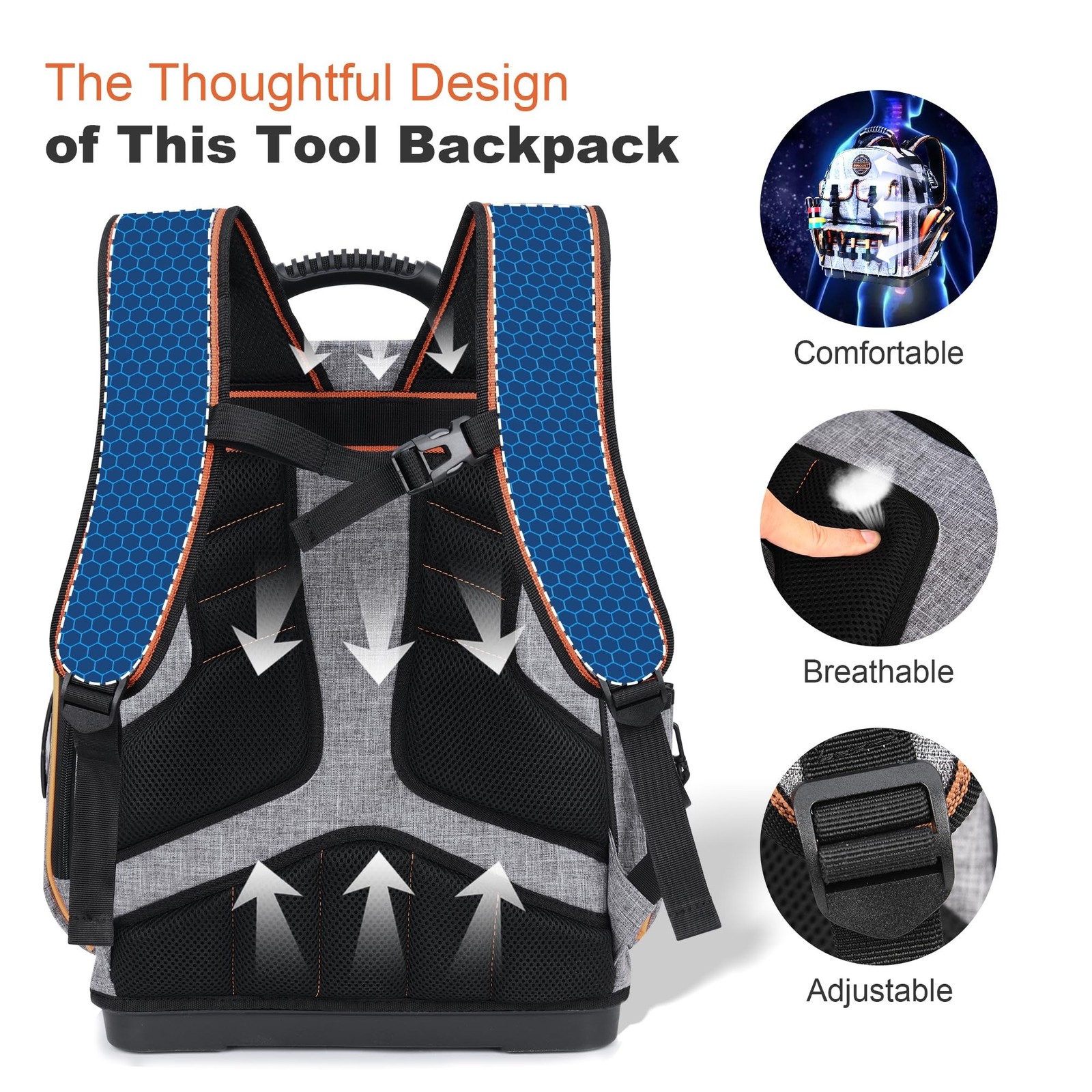 LOKASS Tool Backpack 8605 1680D Molded Base Laptop Compartment Water Resistant