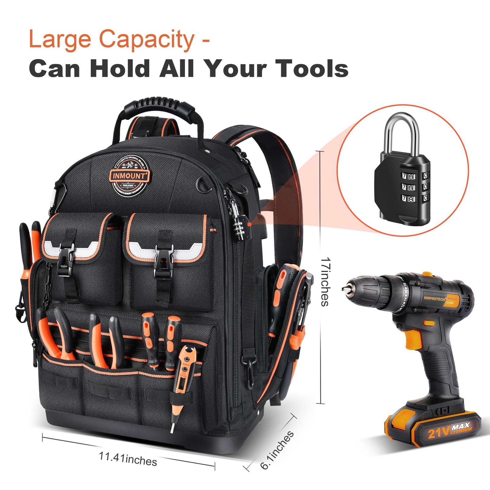 LOKASS Tool Backpack Heavy Duty with Molded 11.41″L x 6.1″W x 17″H, Black