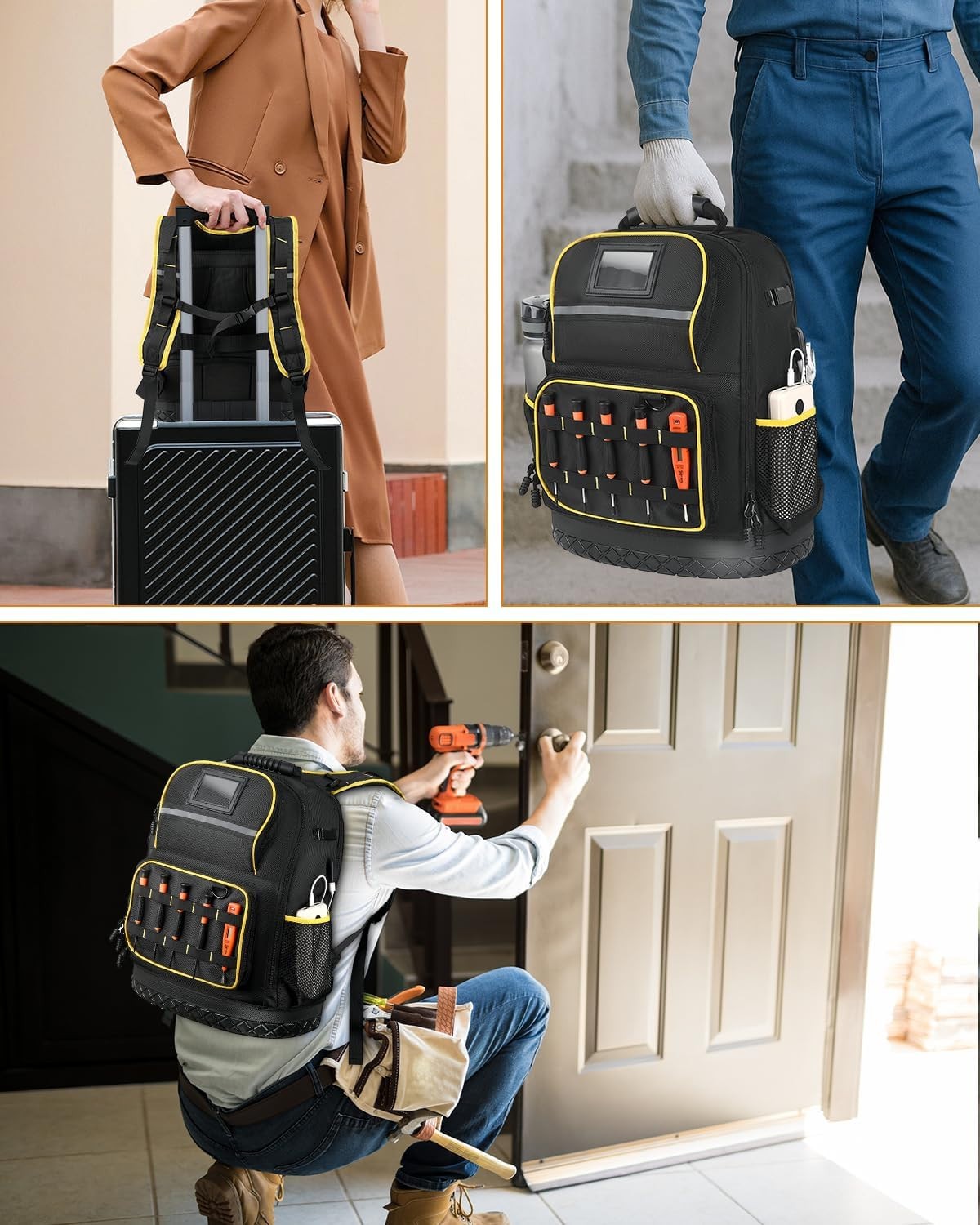 Tyxauk Heavy Duty Tool Backpack w/ Laptop Compartment, Hard Bottom & Tool Pouch