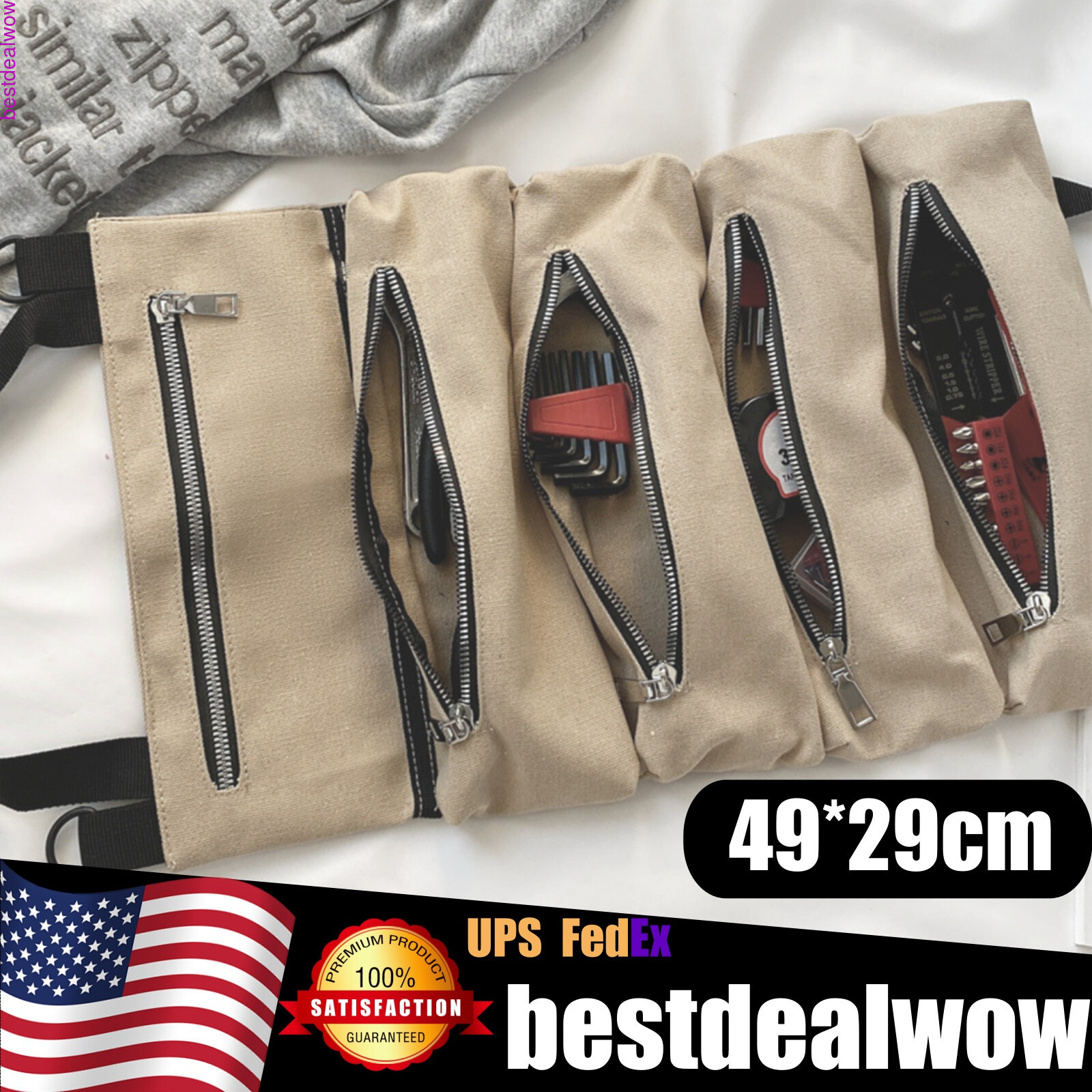 Roll Up Tool Organizer Wrench Storage Pouch 5 Pockets Mechanics Wrap Bag Brown