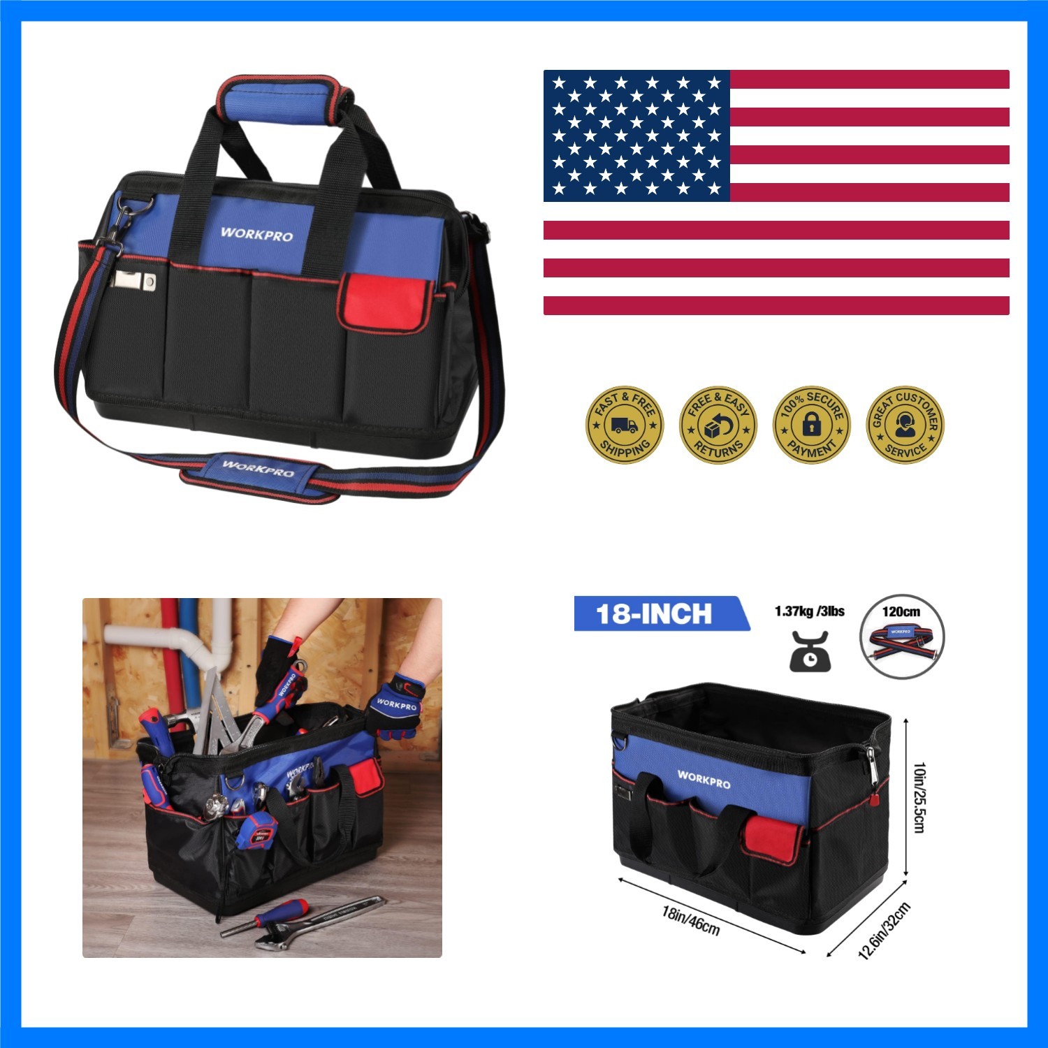 Tool Bag, 18 Inch Tool Bag with Waterproof Molded Base, Open Top Tool Organiz…