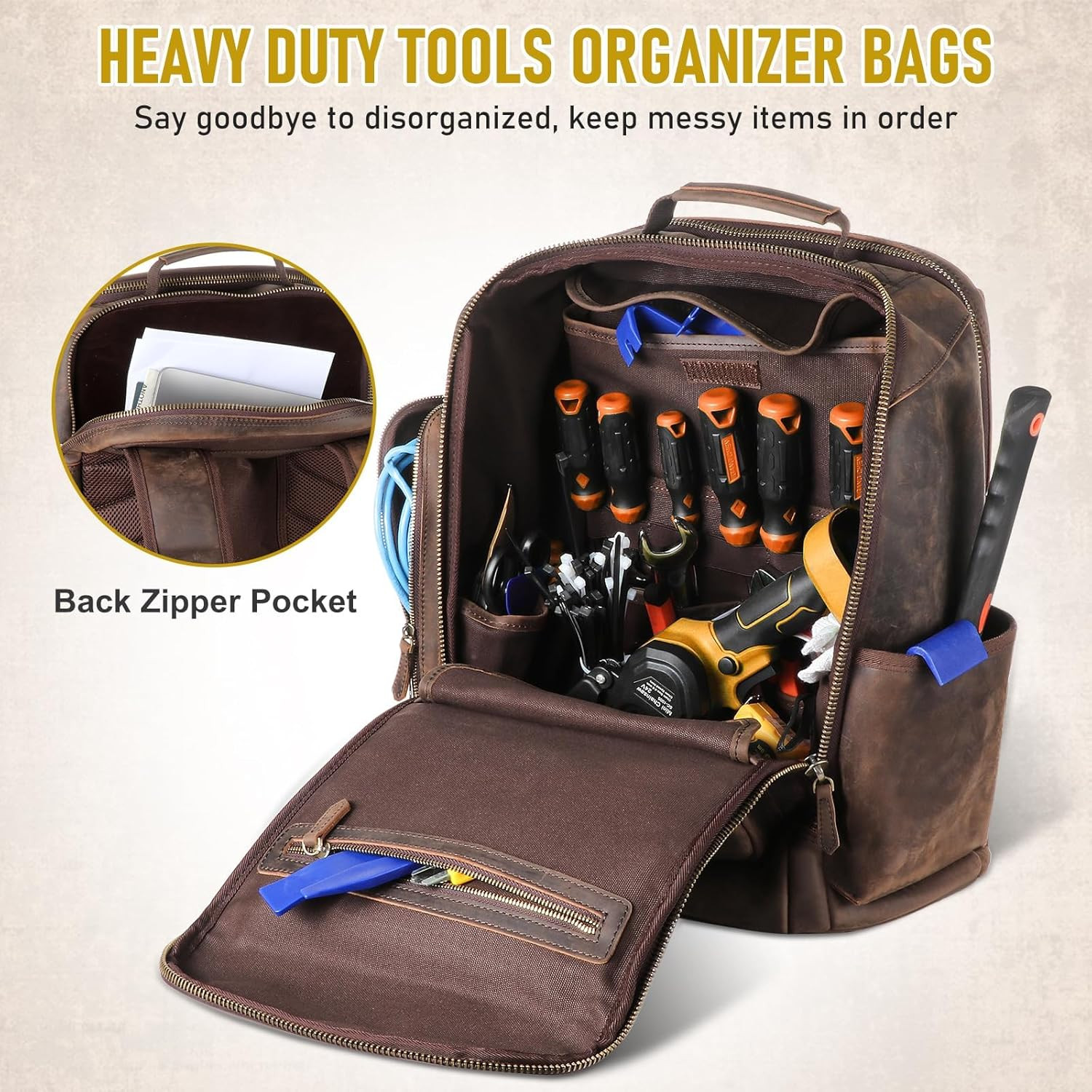 Premium Leather Tool Backpack for Mechanics & Woodworkers – Heavy Duty Design