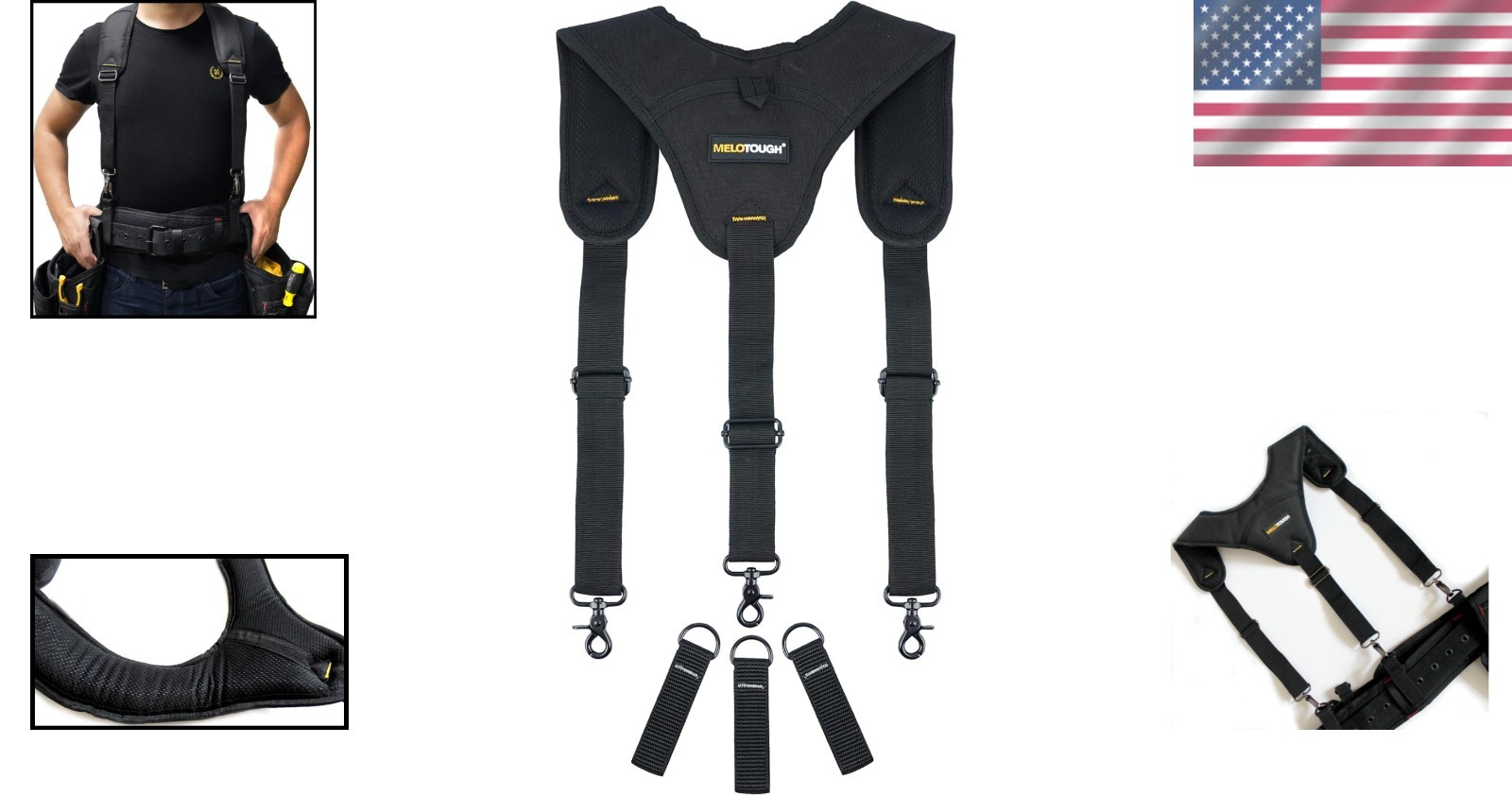 Durable Black Tool Belt Suspenders – Comfortable 3 Point Padding, Adjustable Fit