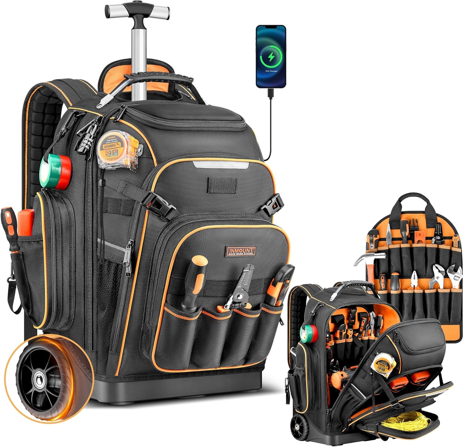 Tool Backpack with Wheels Rolling Organizer Combination Lock