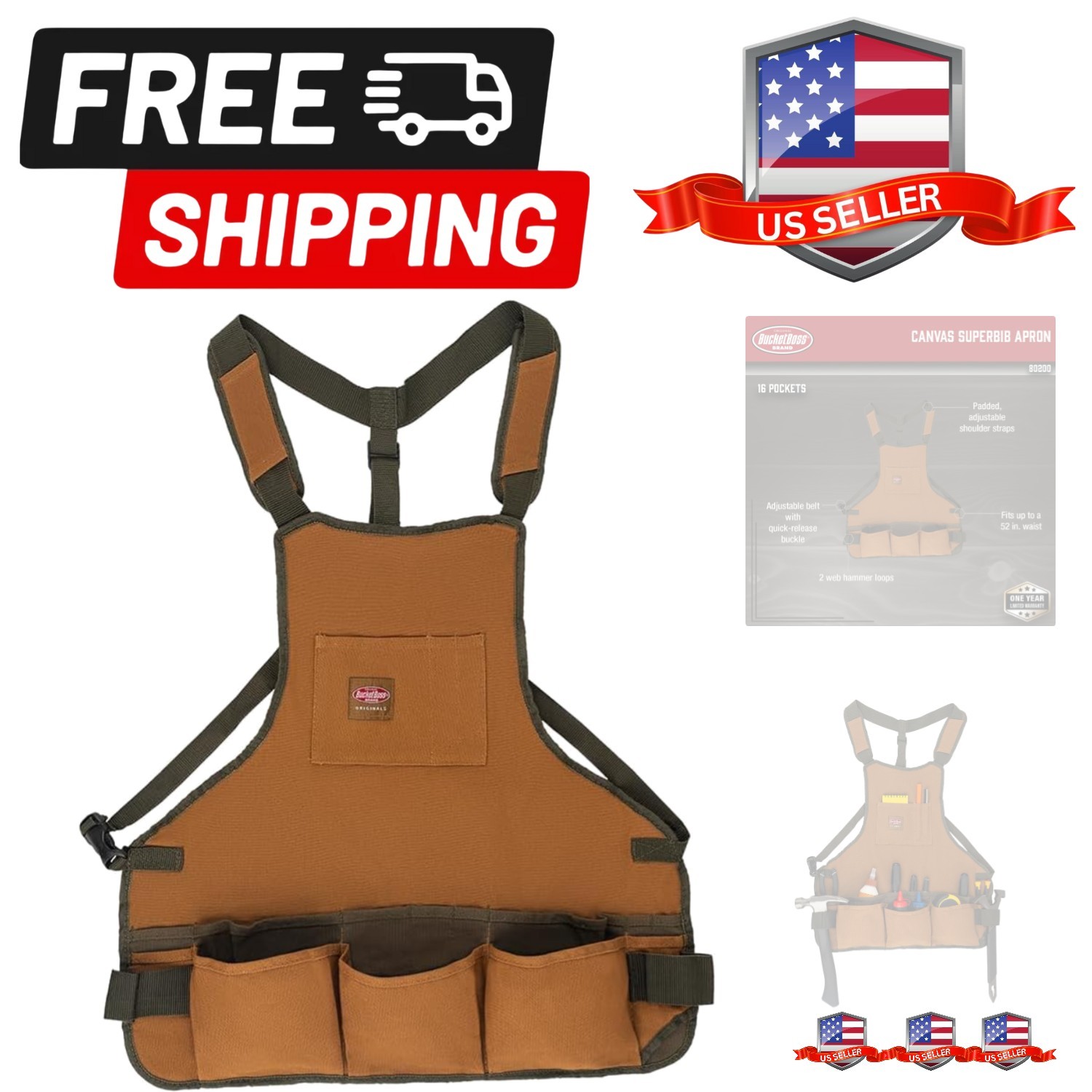 Bucket Boss mens Tool,adjustable,work Tool Bag, Brown, 16 pockets