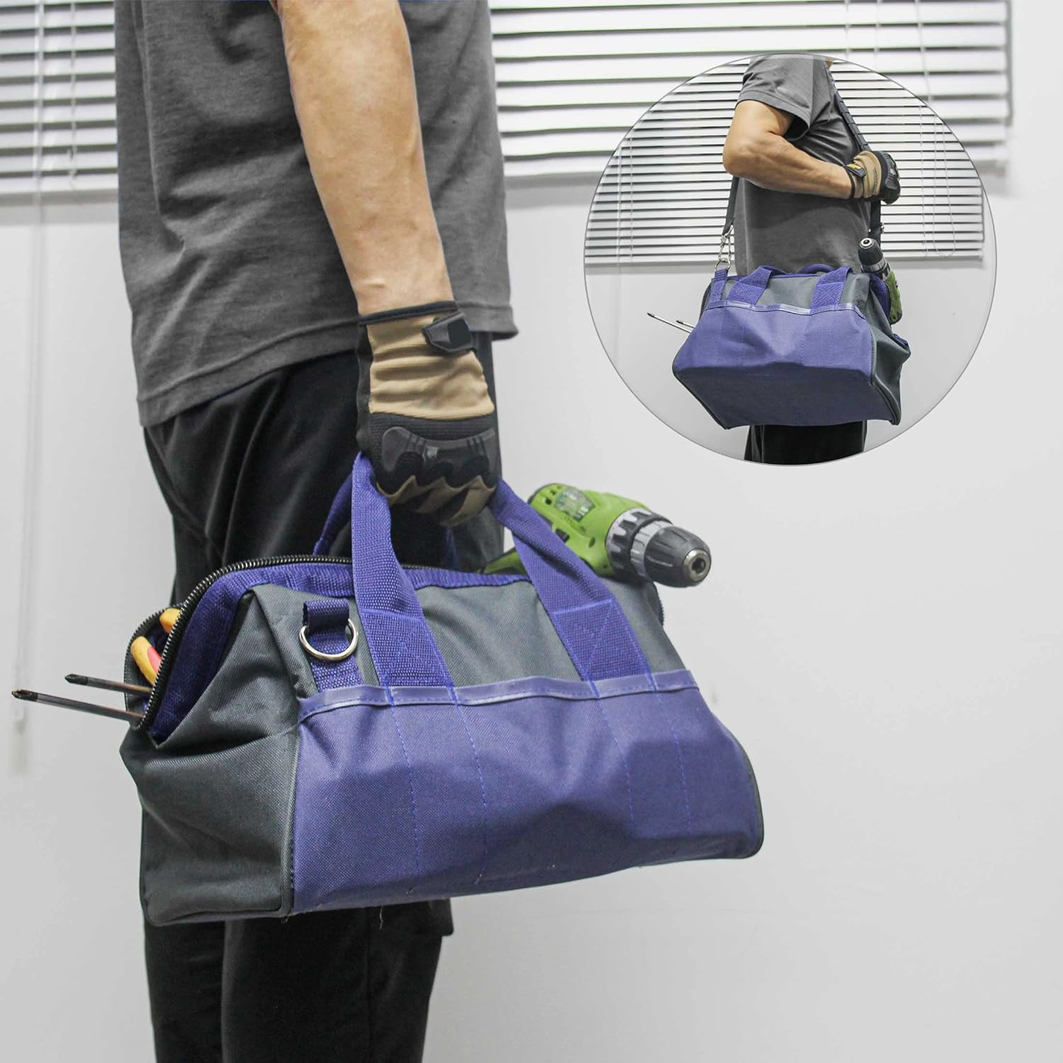 13″ Small Tool Bag, Wide Open Mouth Tool Organizer with 23 Pockets, Rigid Frame,