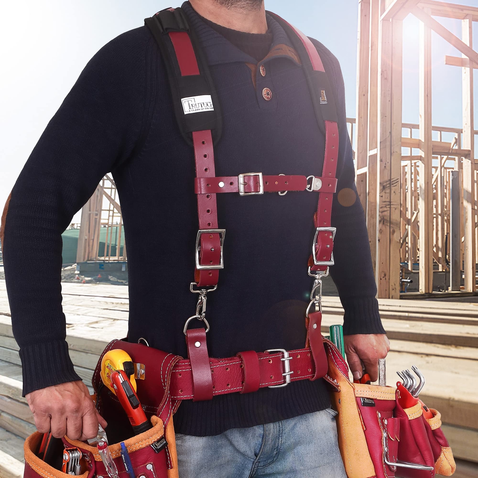 Leather Work Suspenders With Pockets | Fullyadjustable Padded Leather Tool Belt