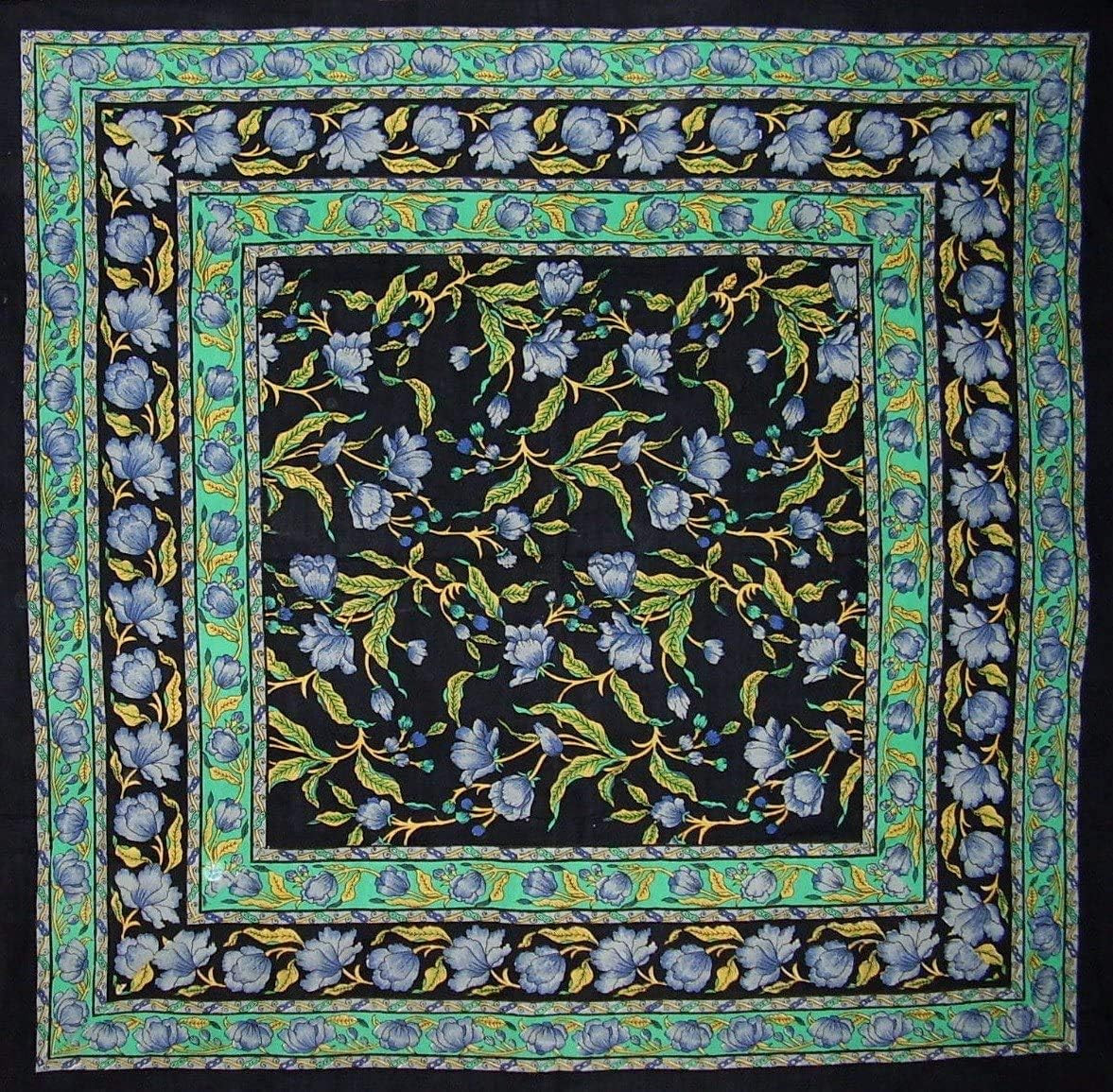 French Floral Square Cotton Tablecloth 60″ x 60″ Blue on Black