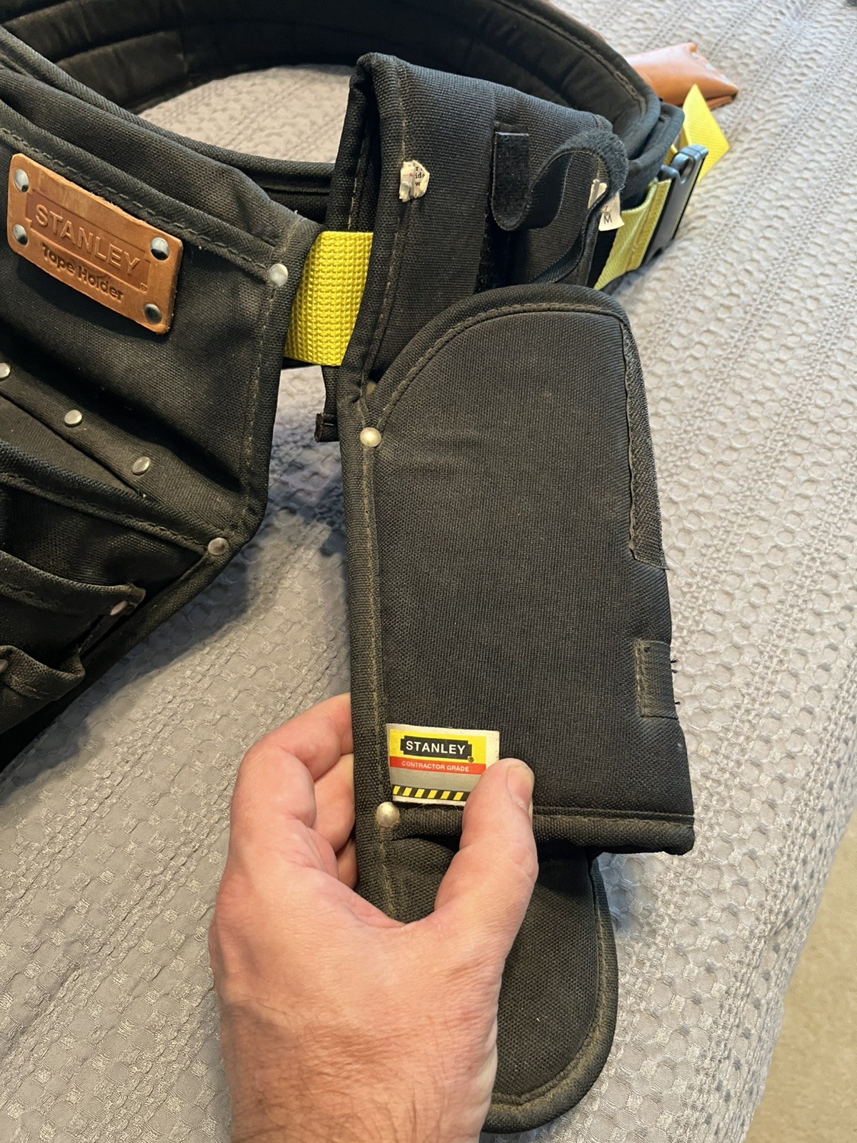 Padded tool belt with multiple Stanley Pouches, Drill Holster and Knife Sleeve