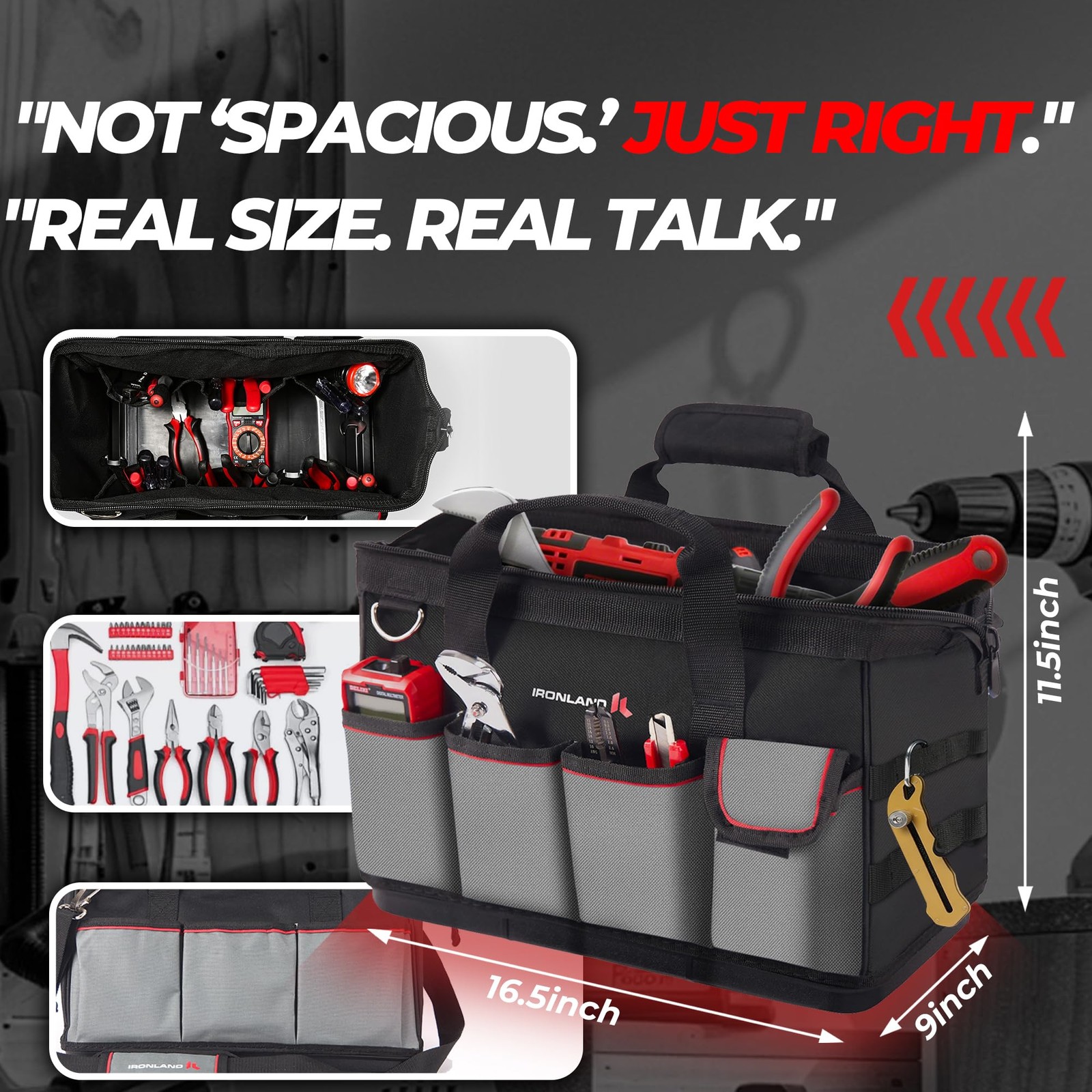 IRONLAND 16.5 Inch Hard & Sturdy Bottom Tool Bag Organizer Inch, Black