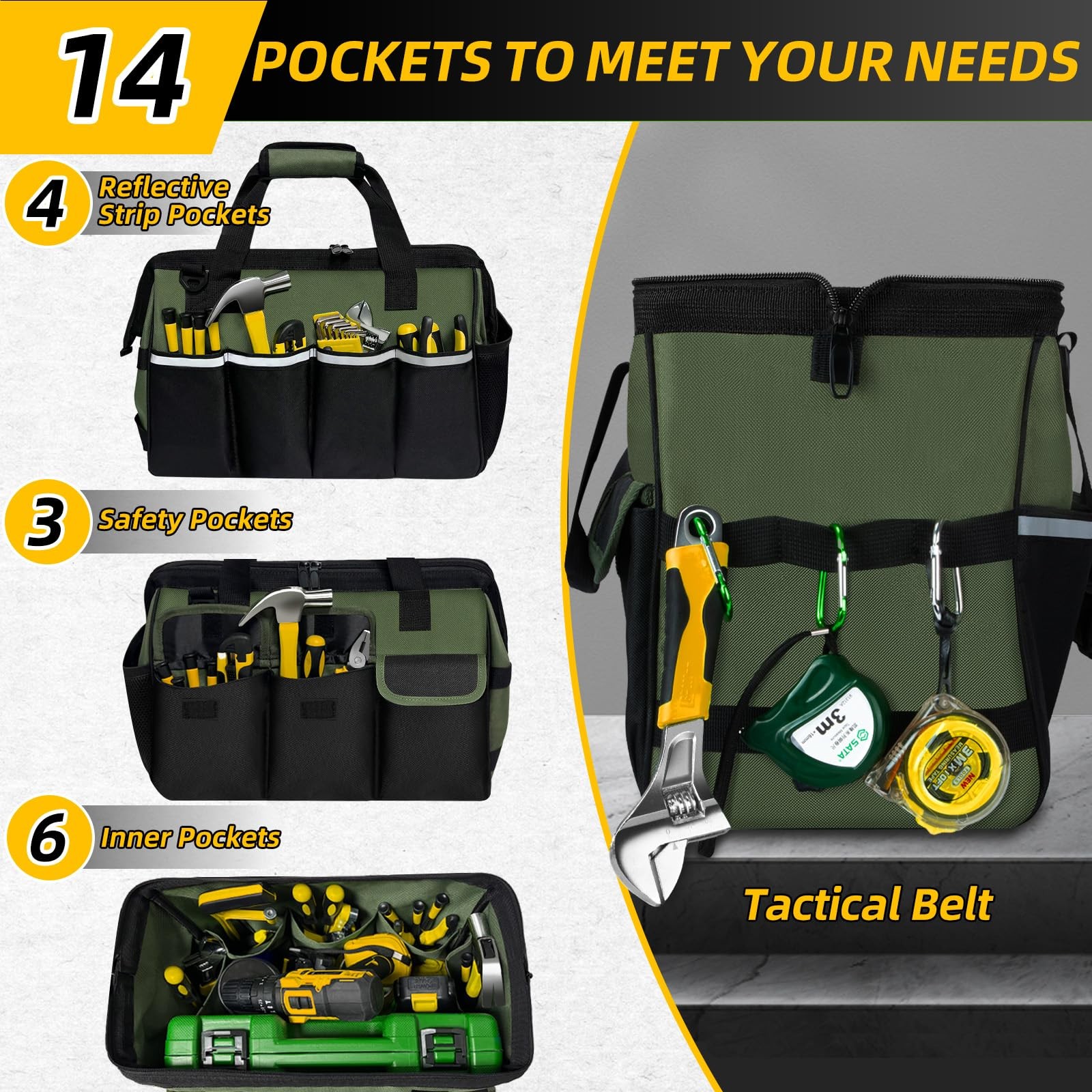 Portable Tool Bag Heavy Duty Tool Box Organizer with Shoulder Strap, Green