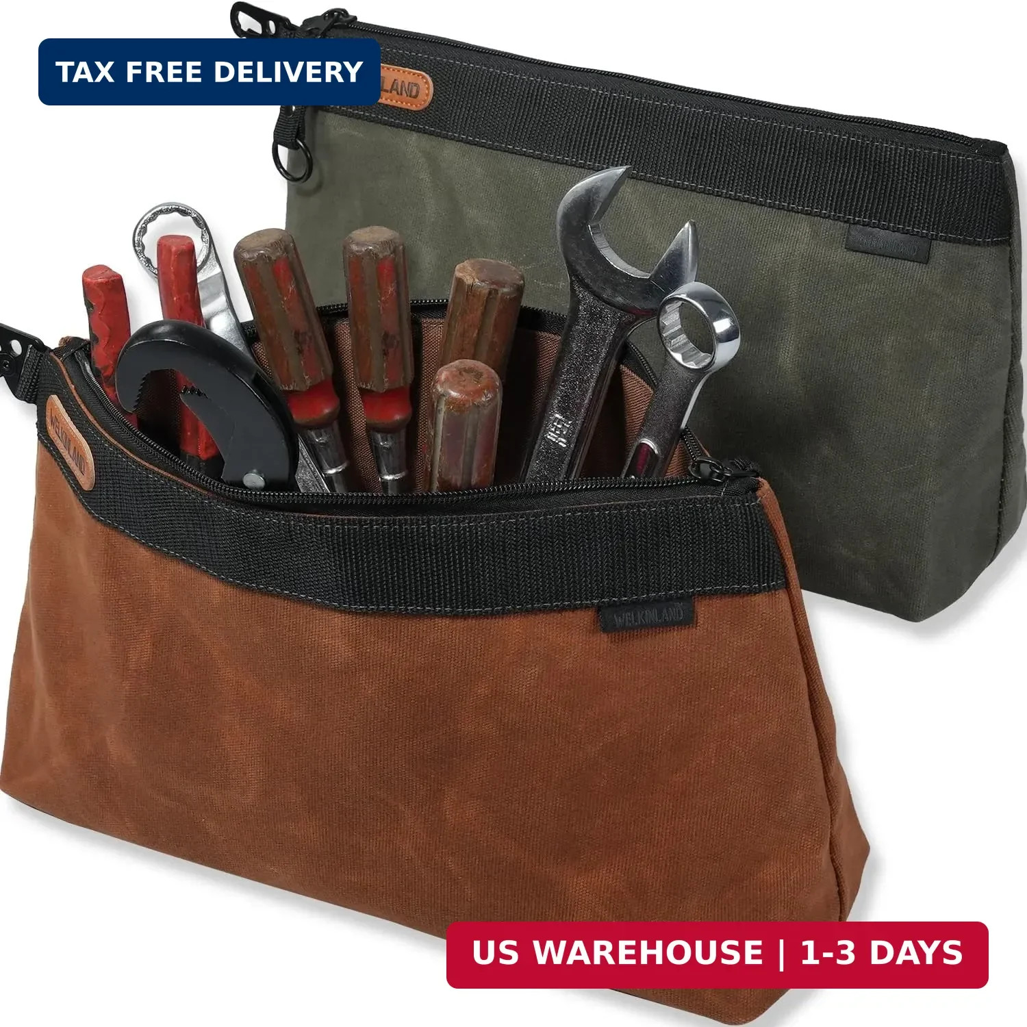 WELKINLAND 2-Pack Heavy-Duty Waxed Canvas Tool Pouches, 14-Inch Zippered Tool Or
