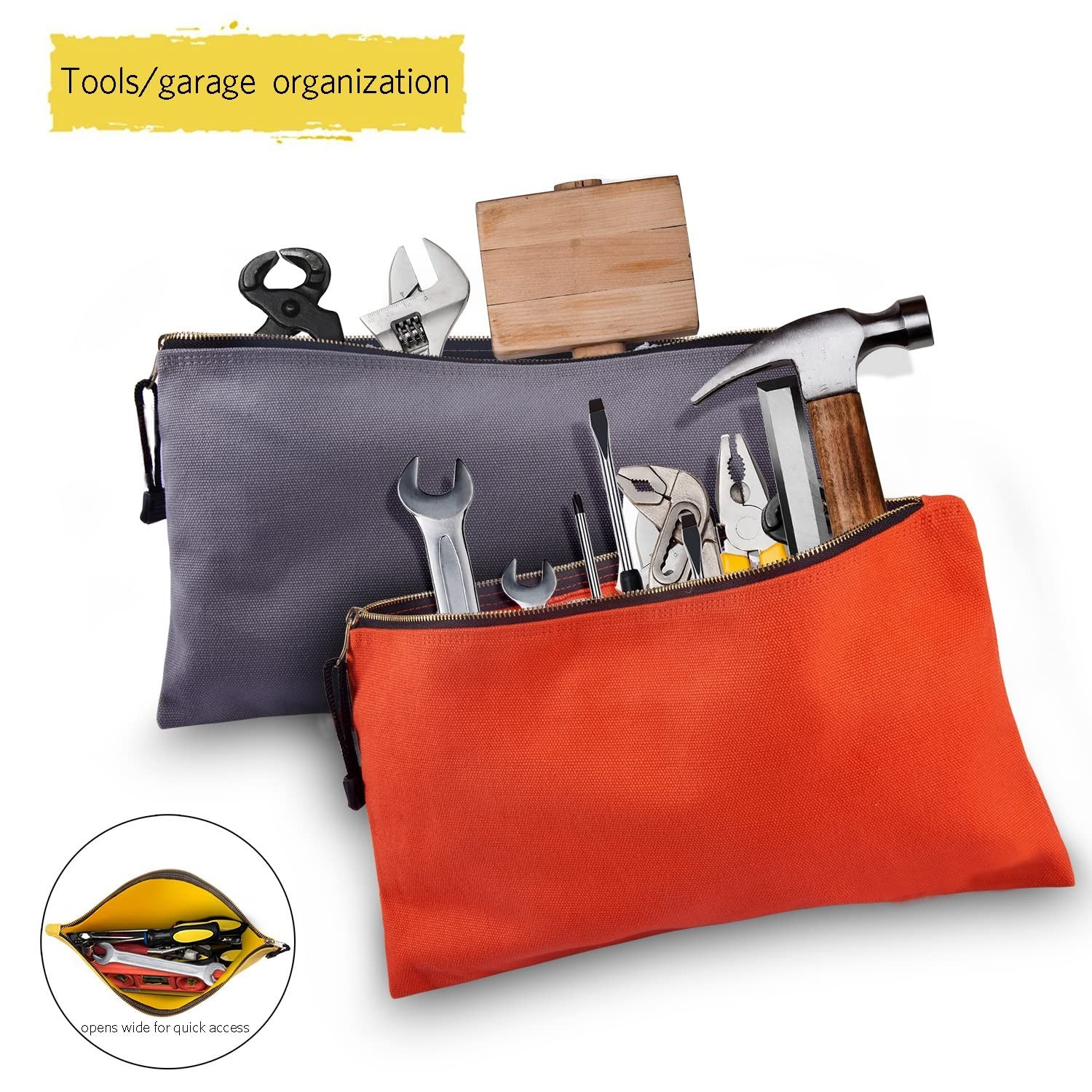 Heavy Duty Canvas Tool Bag Organizer – 7 Assorted Color Zipper Pouches, 12.5″x7″