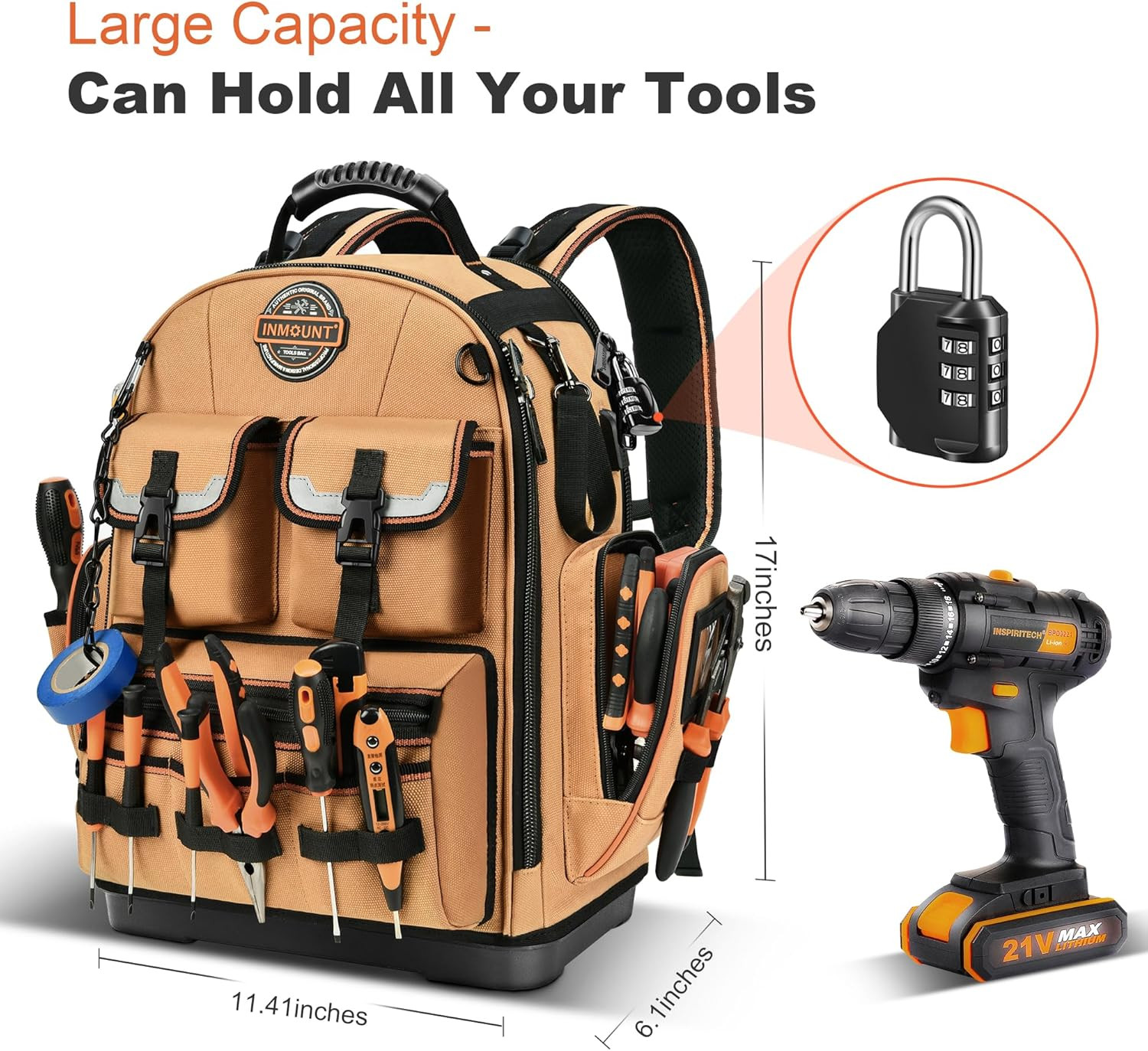 Tool Backpack Heavy Duty – Tool Backpack with Molded Base, 1680D Tool Organizer