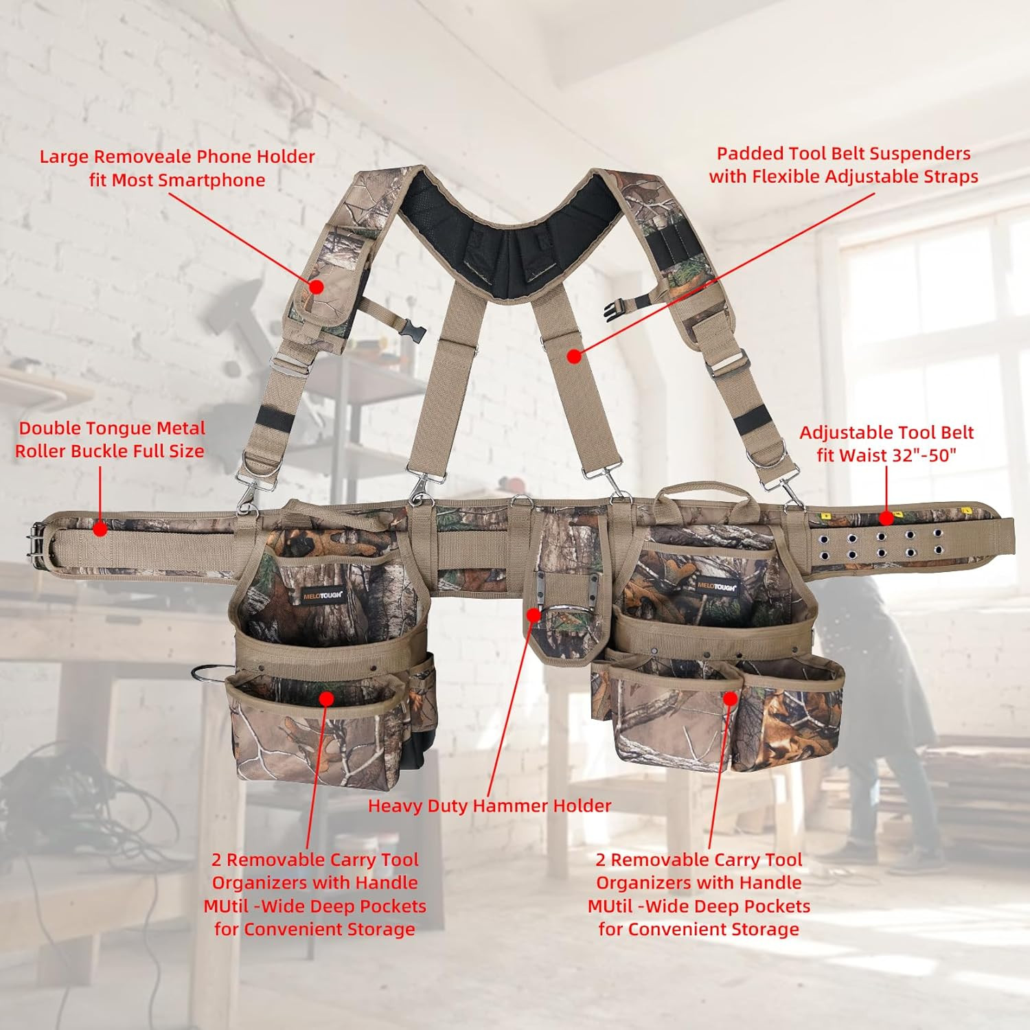 Camo Tool Belt with Suspenders Camouflage Tool Bag Supenders Framers Comb Apron