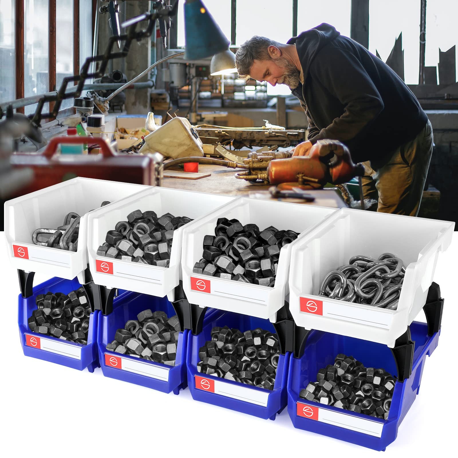 6 PCS Wall Mount Storage Organizer Bins Stackable Shop Tool Rack Screws Blue