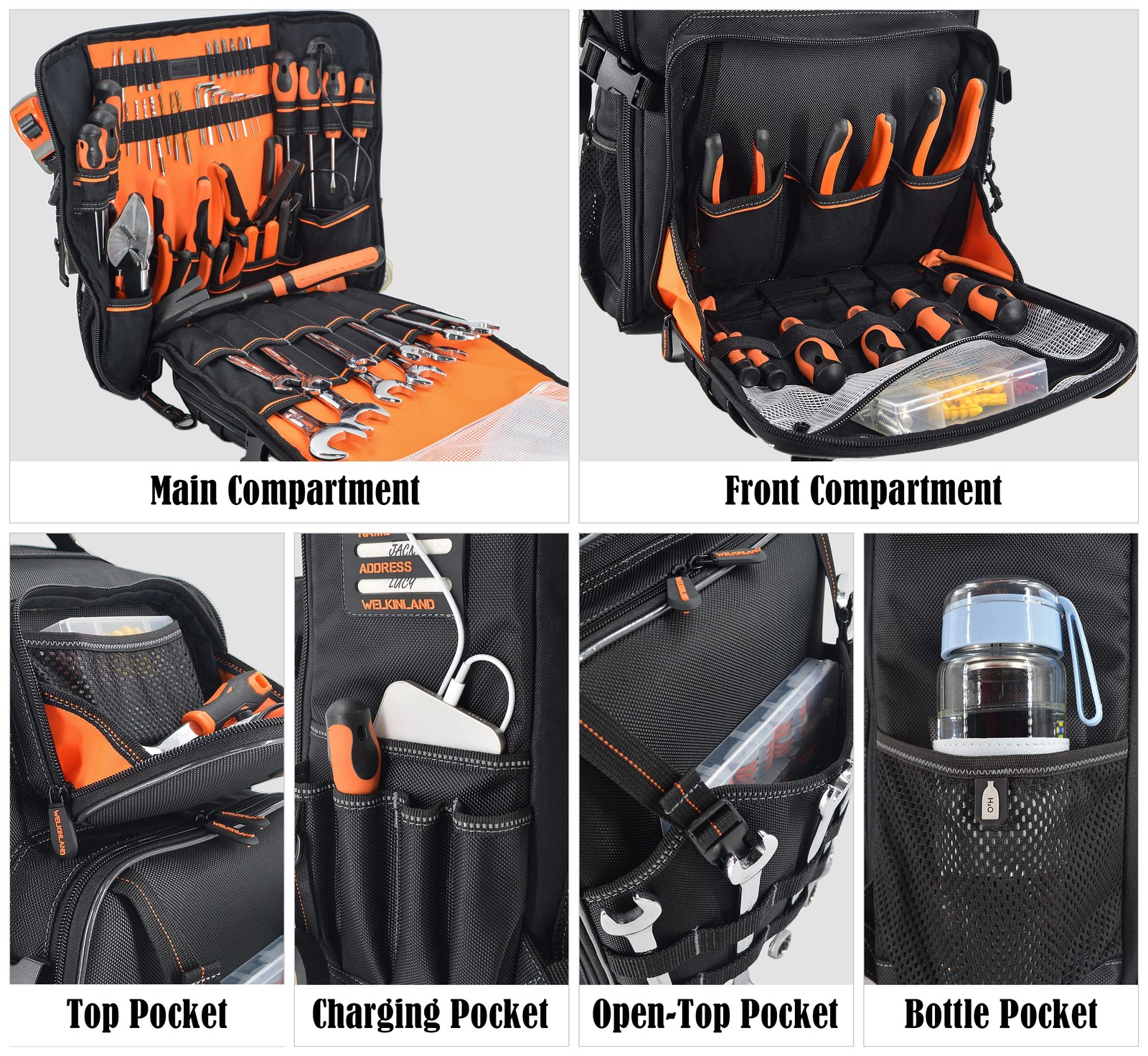 WELKINLAND Full-Open Tool backpack, backpack 20-Inch, Black w/ Orange