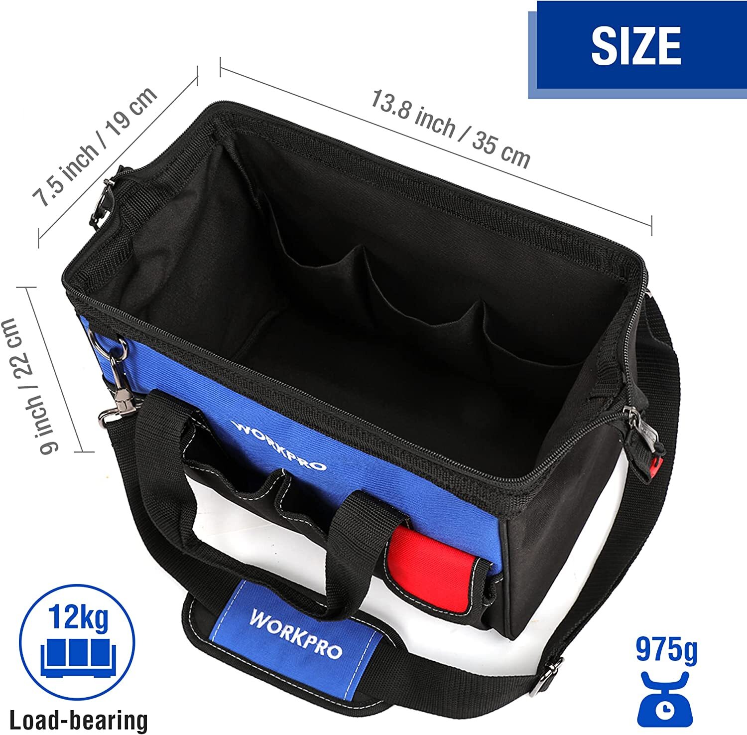 WORKPRO 14″ Tool Bag 13 Pockets Close Top Wide Open Mouth w/Adjustable Shoulder