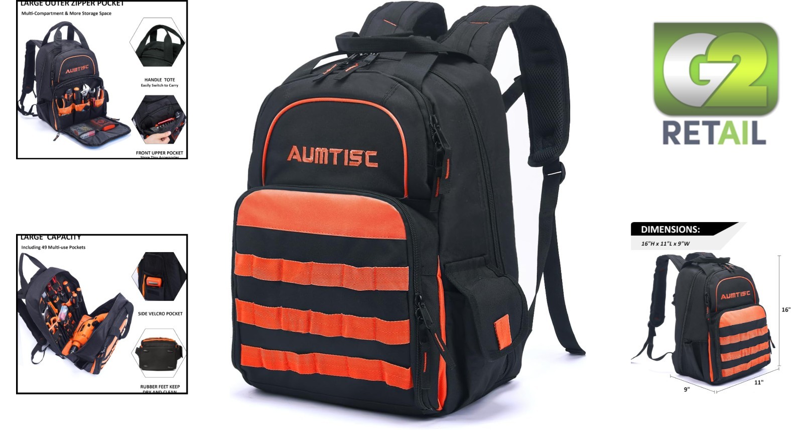 Water-Resistant Tool Organizer Backpack with Adjustable Strap & 49 Pockets