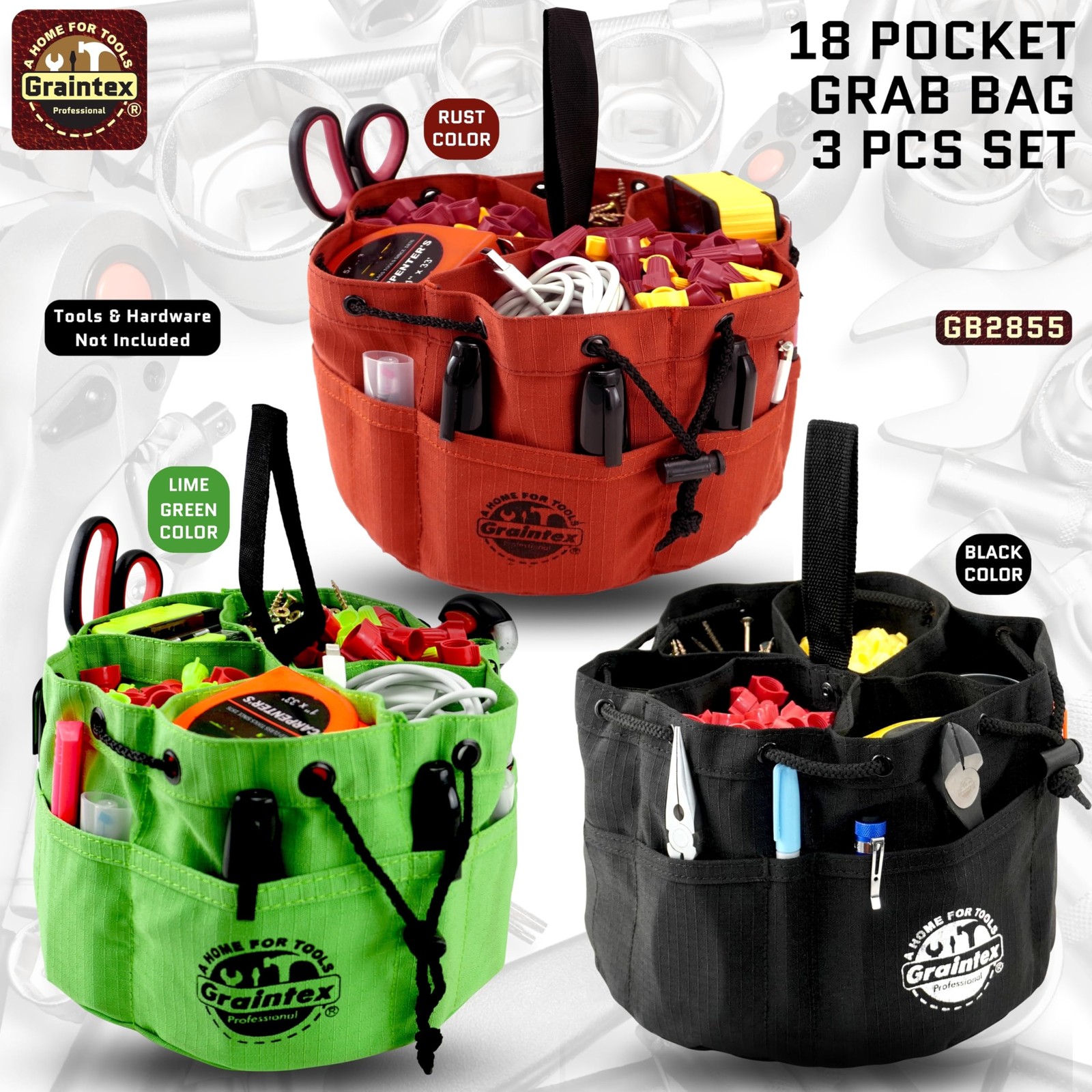 18 Pocket Grab Bags Set of 3 Pcs Rip-Stop Canvas, Drawstring Closure, Small P…
