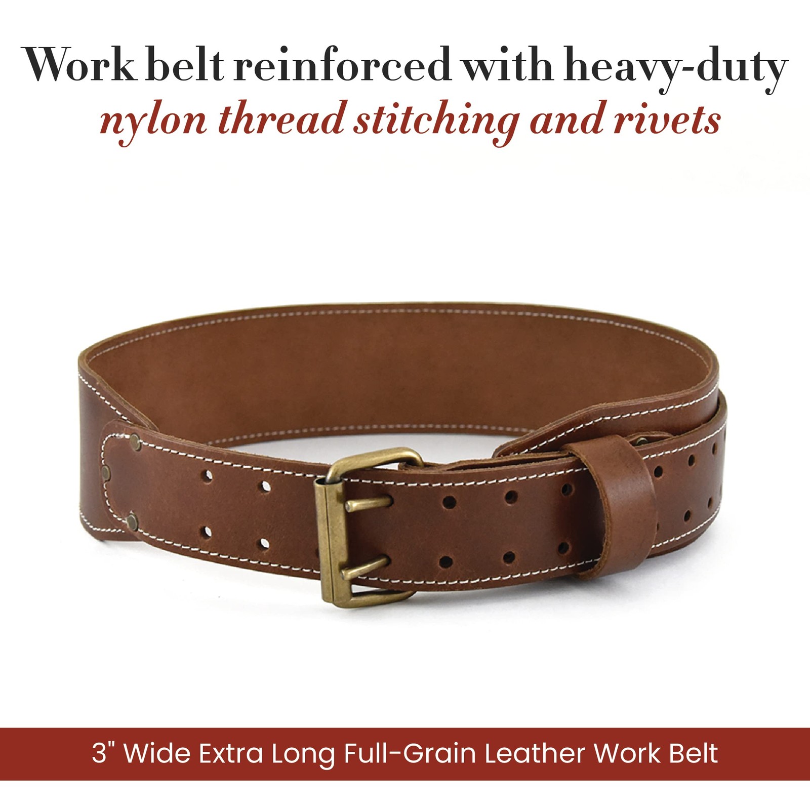 3 Inch Wide Extra Long FullGrain Leather Work Belt Durable Dark Tan 98439
