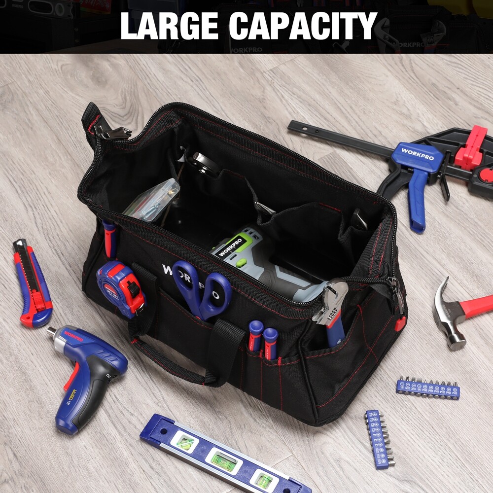 WORKPRO 16″ X 9″X 8.7″ Heavy Duty WIDE MOUTH Tool Bag Tote Case w/Shoulder Strap