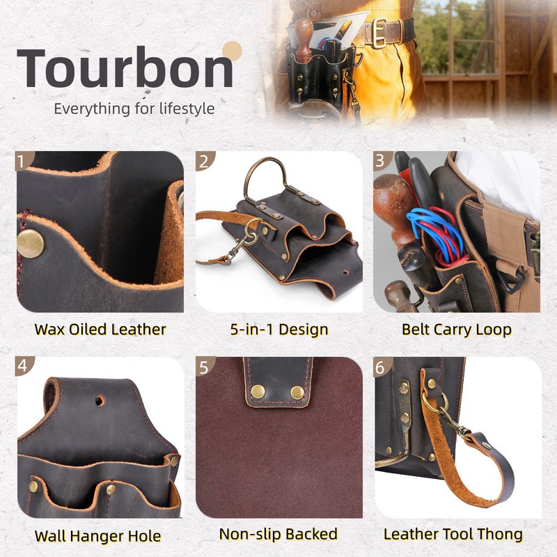 TOURBON Leather Electrician DIY Tool Holder Tunnel Hammer Belt Pouch 5-in-1 Case
