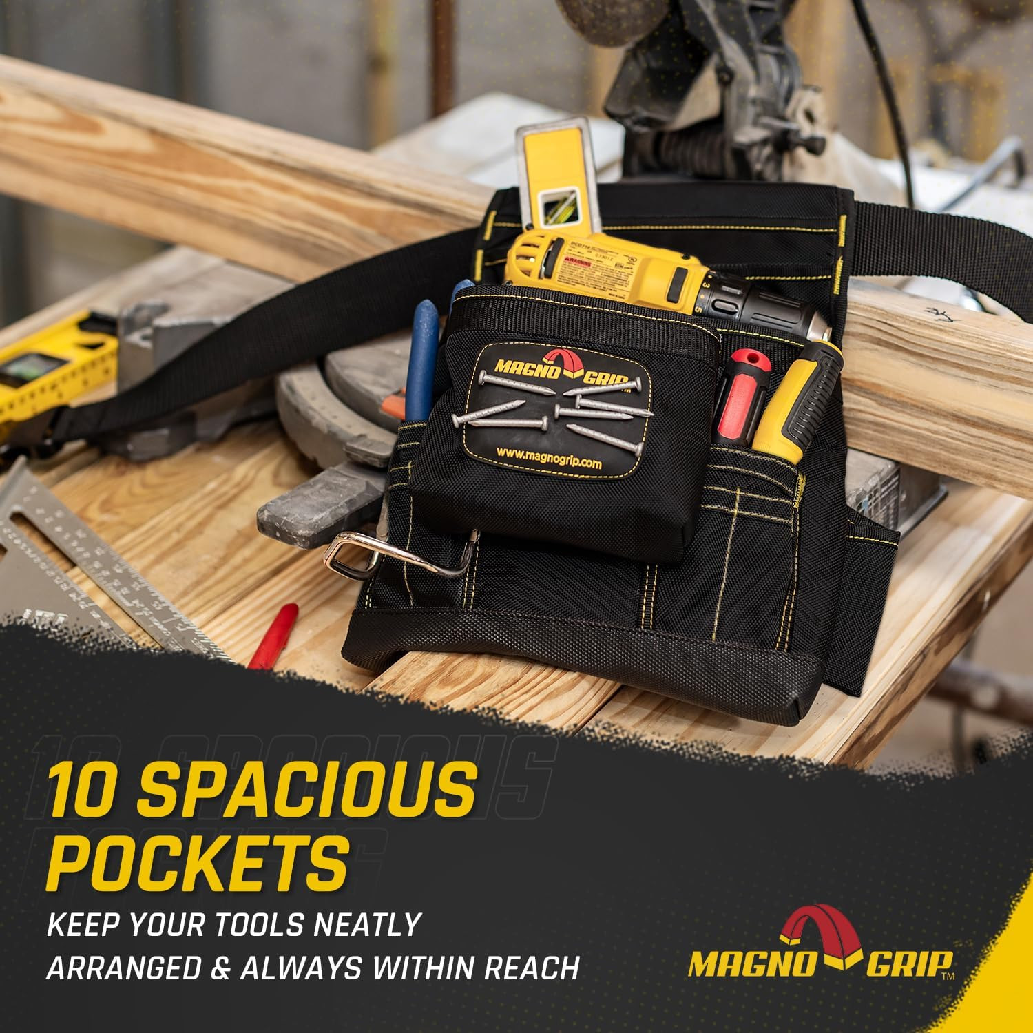 10-Pocket Tool Pouch with Magnetic Storage – Durable 1680D Ballistic Polyester,