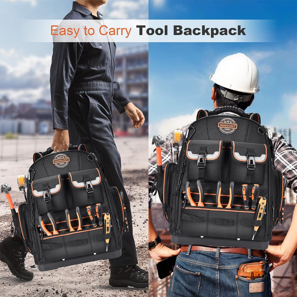 Tool Backpack Heavy Duty with Molded Bottom, 1680D 56-Pocket Tool Bag Organizer