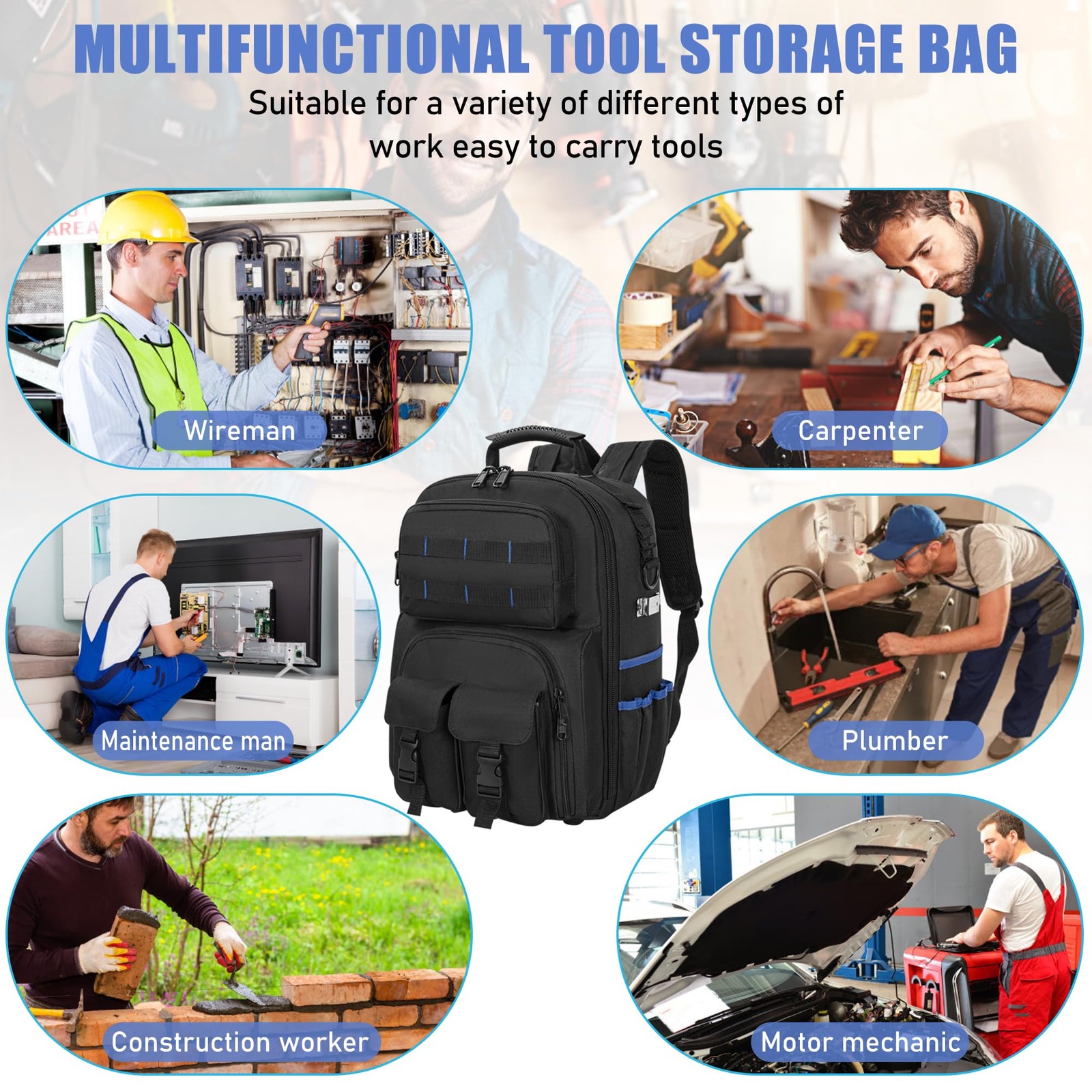 LASUK Heavy Duty Backpack Tool Bag, Water-resistant Black&Blue