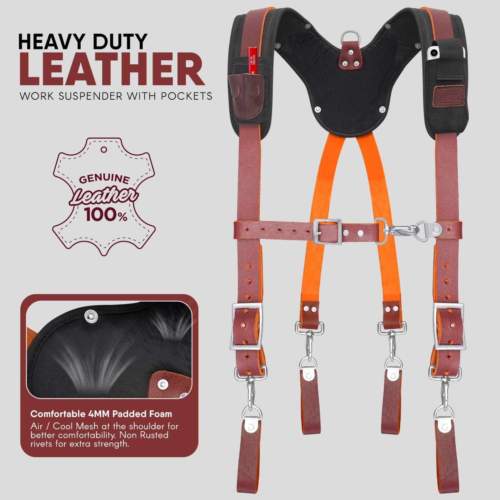 Trutuch Maroon Leather Tool Belt with Suspender | 18 Pockets | Framers Tool Belt